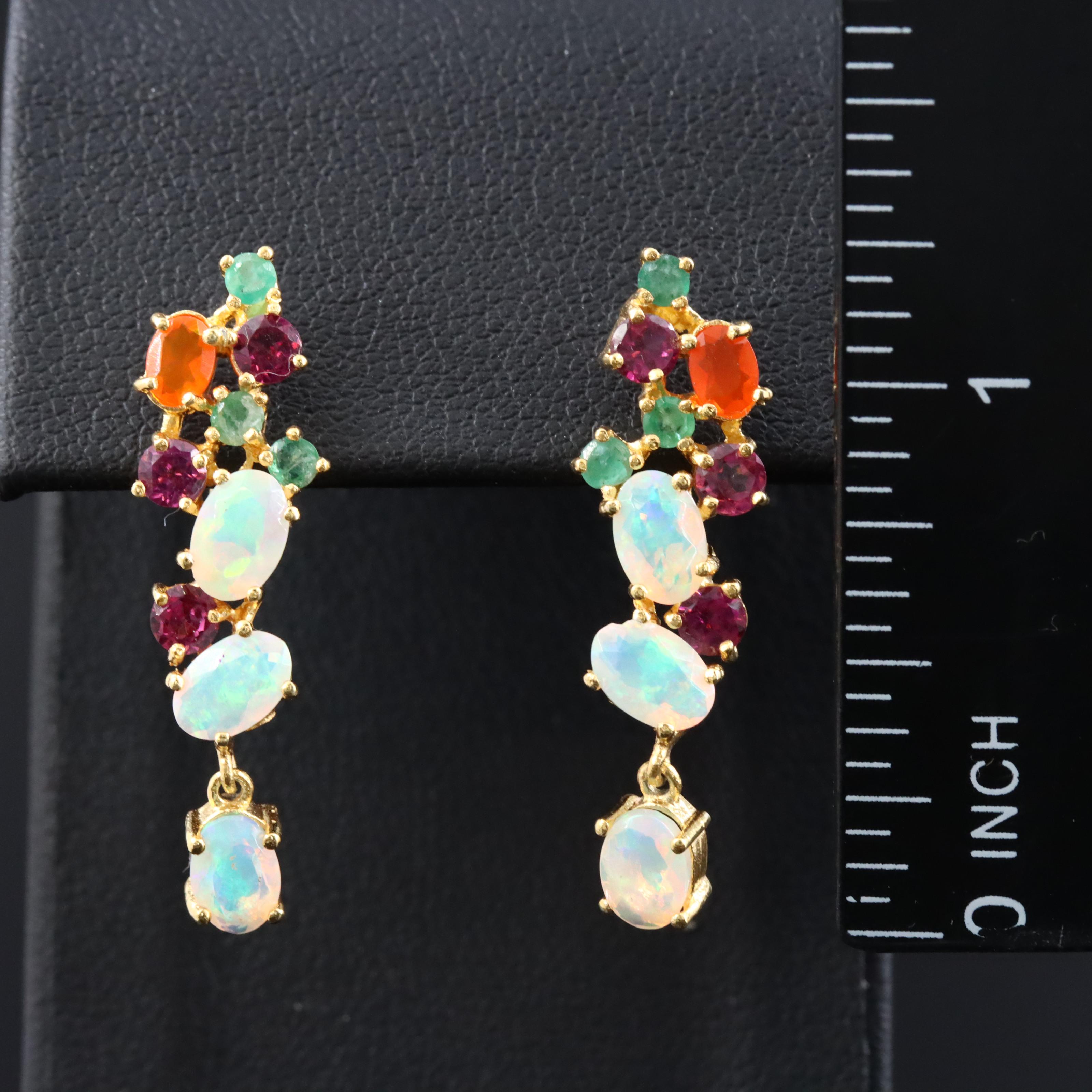 Sterling Opal, Emerald and Garnet Drop Earrings