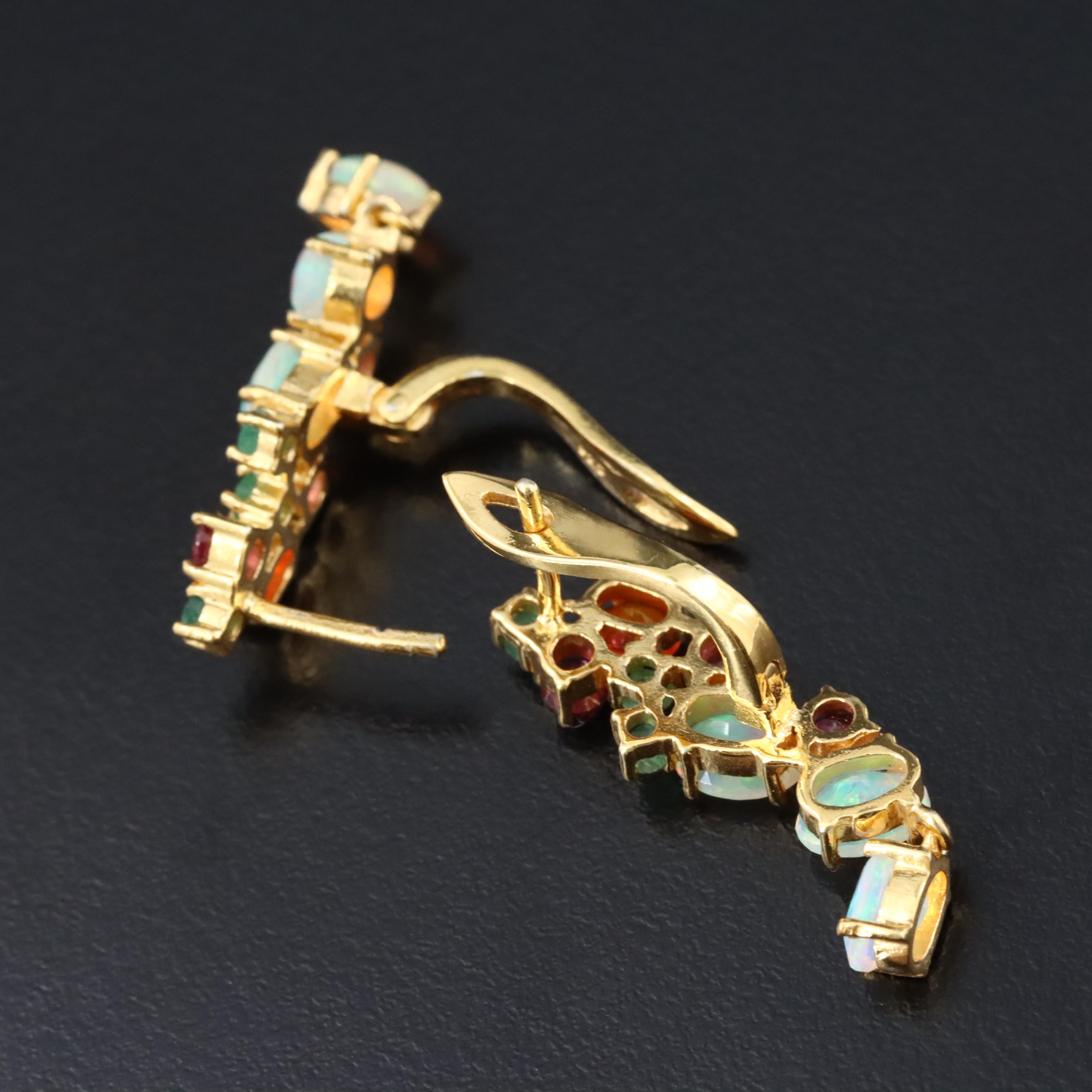 Sterling Opal, Emerald and Garnet Drop Earrings