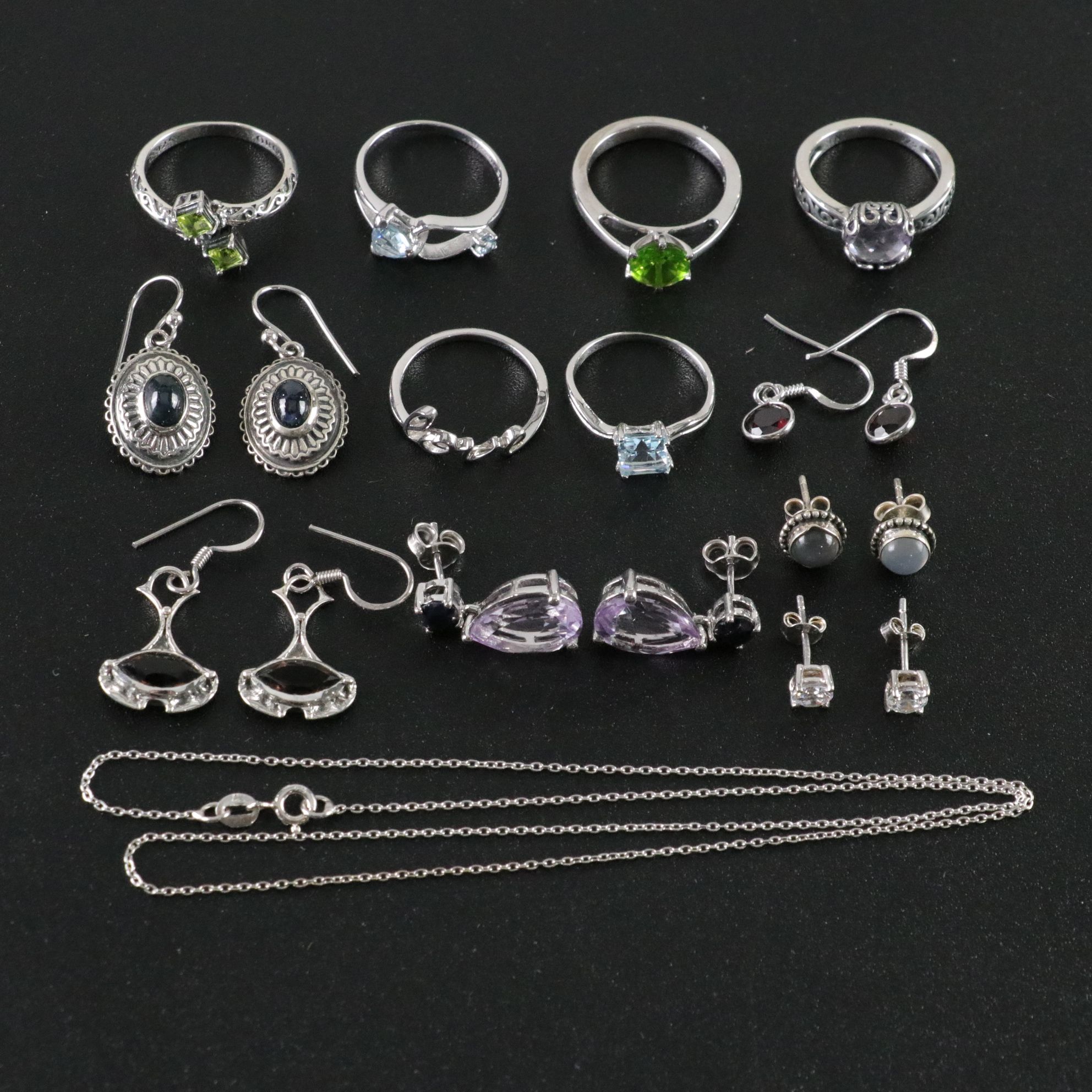 14 Assorted Sterling Silver Rings, Necklaces, Earrings, and Pendants