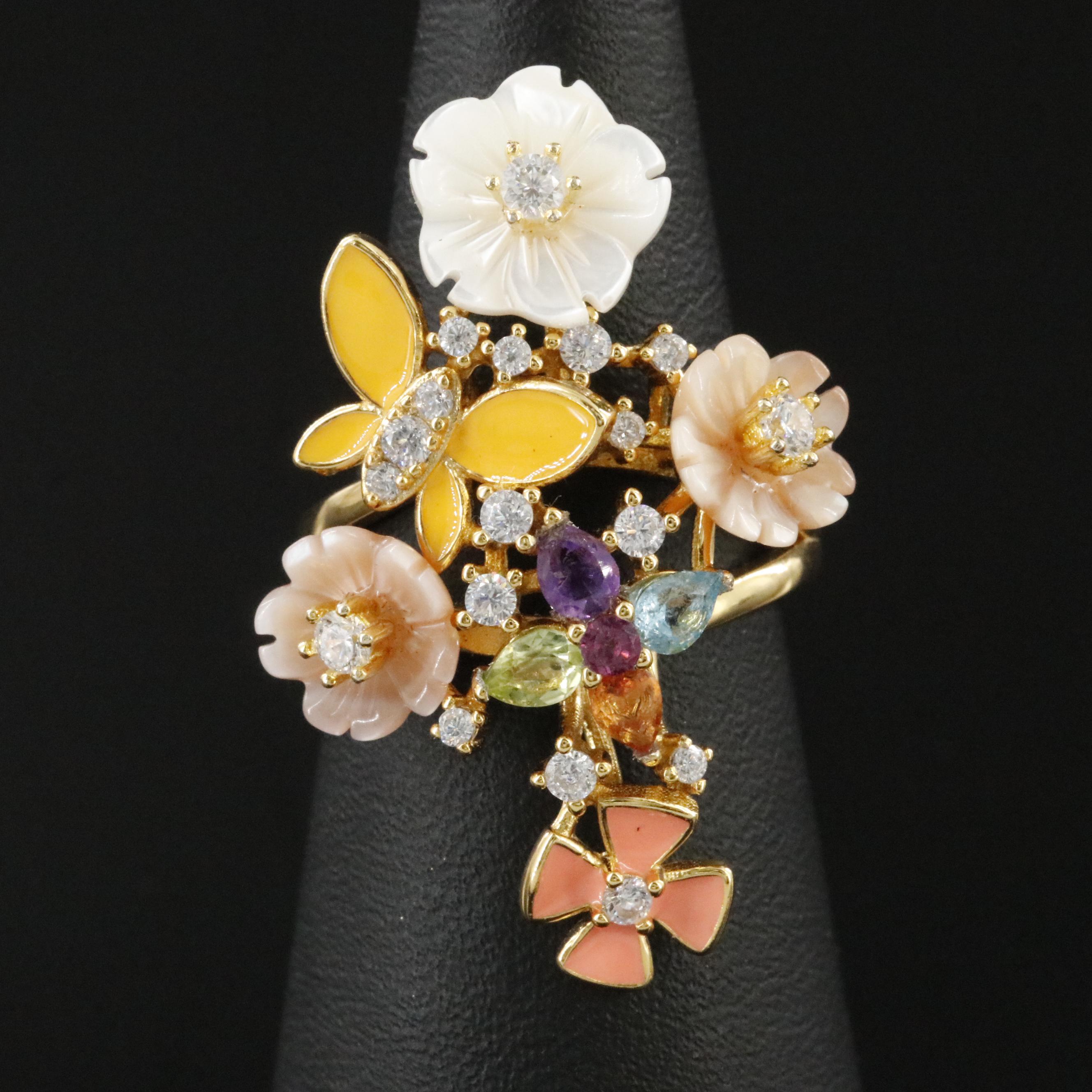 Sterling Mother-of-Pearl and Gemstone Floral Cluster Ring