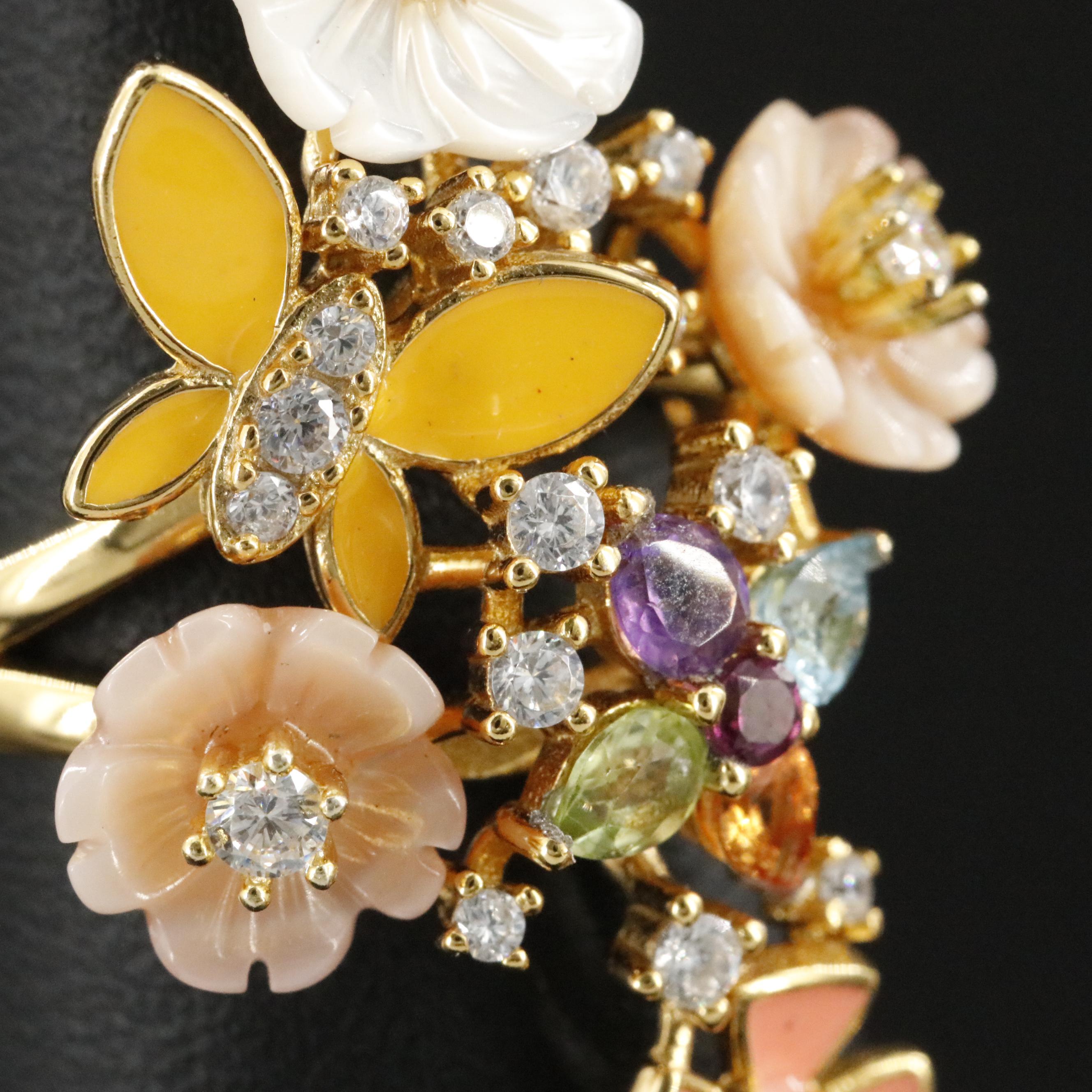 Sterling Mother-of-Pearl and Gemstone Floral Cluster Ring