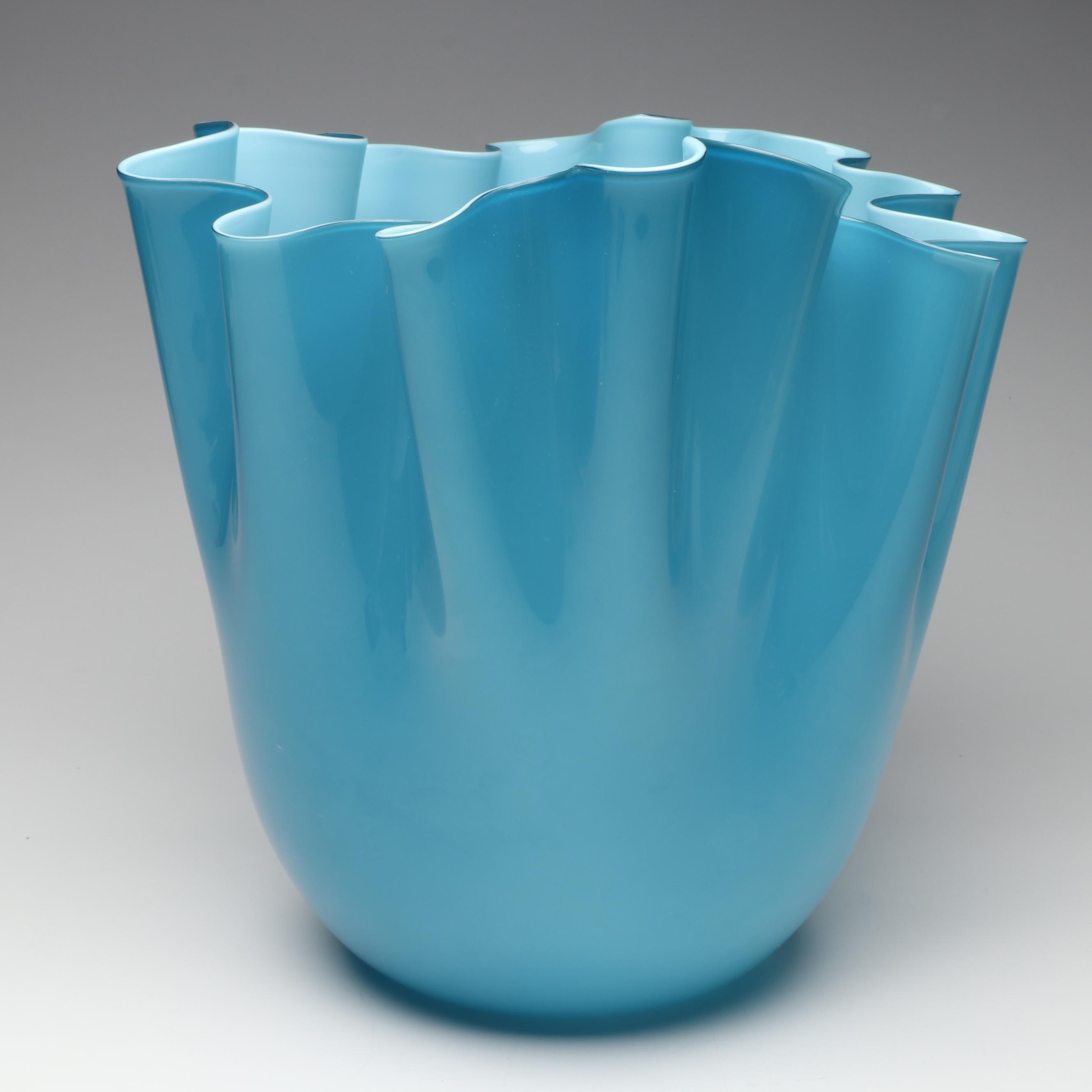 Venini Murano "Fazzoletto" Handblown Aquamarine Art Glass Vase