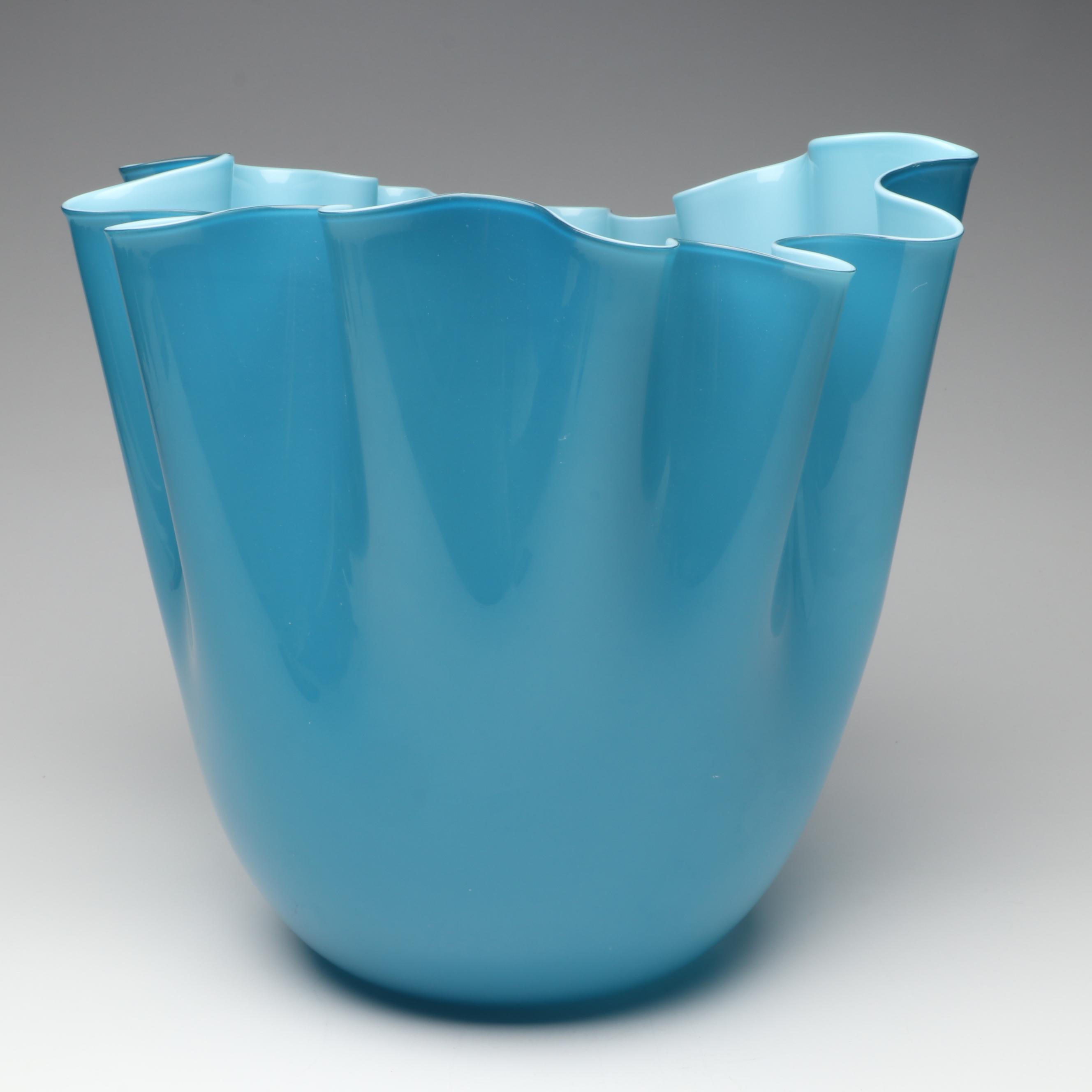 Venini Murano "Fazzoletto" Handblown Aquamarine Art Glass Vase