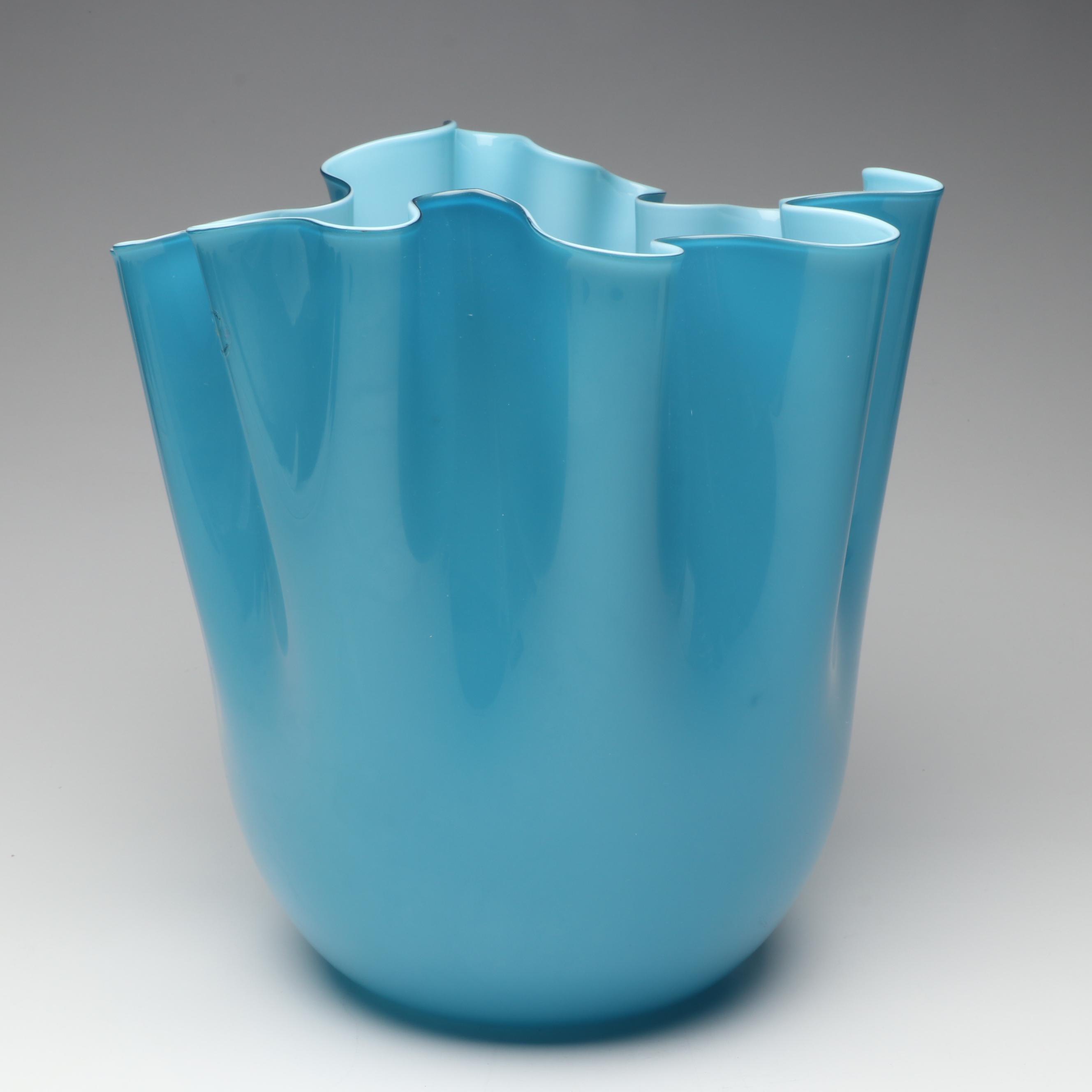 Venini Murano "Fazzoletto" Handblown Aquamarine Art Glass Vase