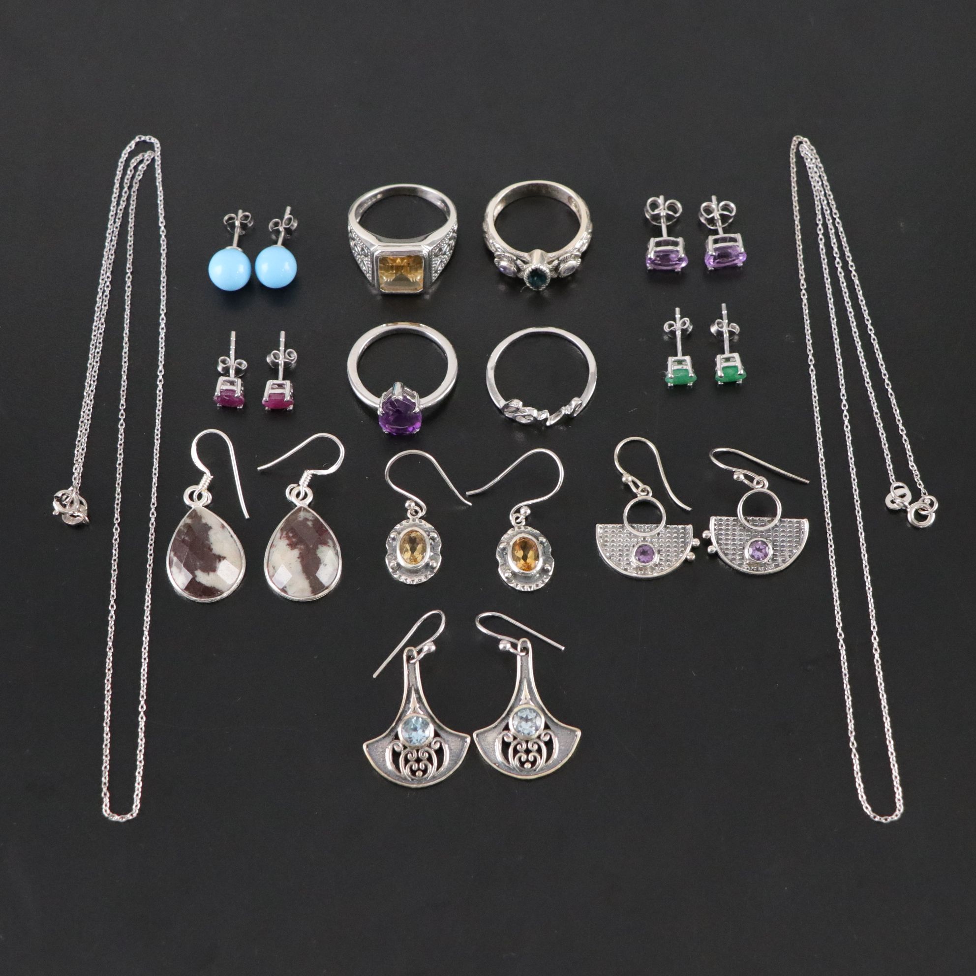 14 Assorted Sterling Silver Rings, Necklaces and Earrings