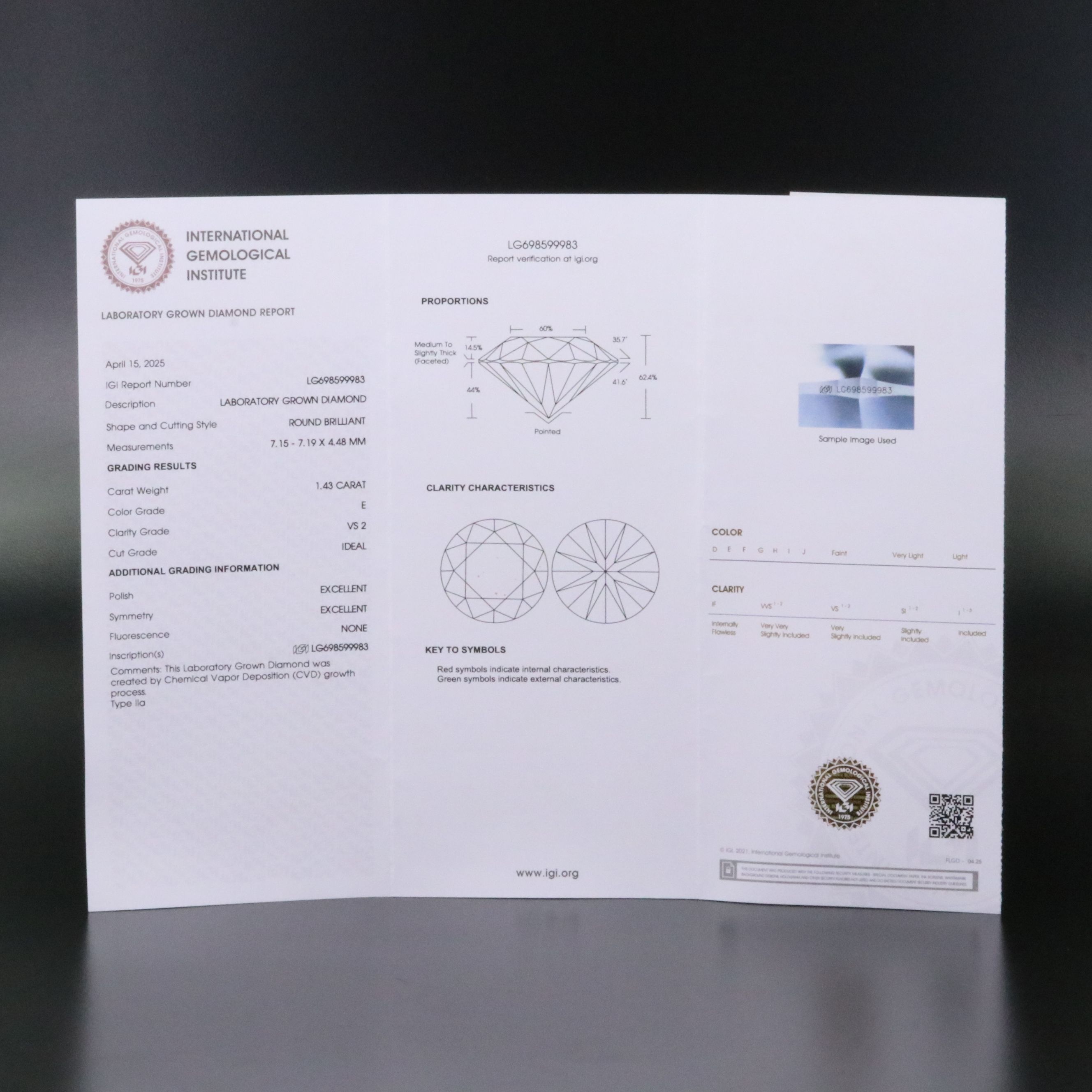 Loose 1.43 CT Lab Grown Diamond with IGI Report