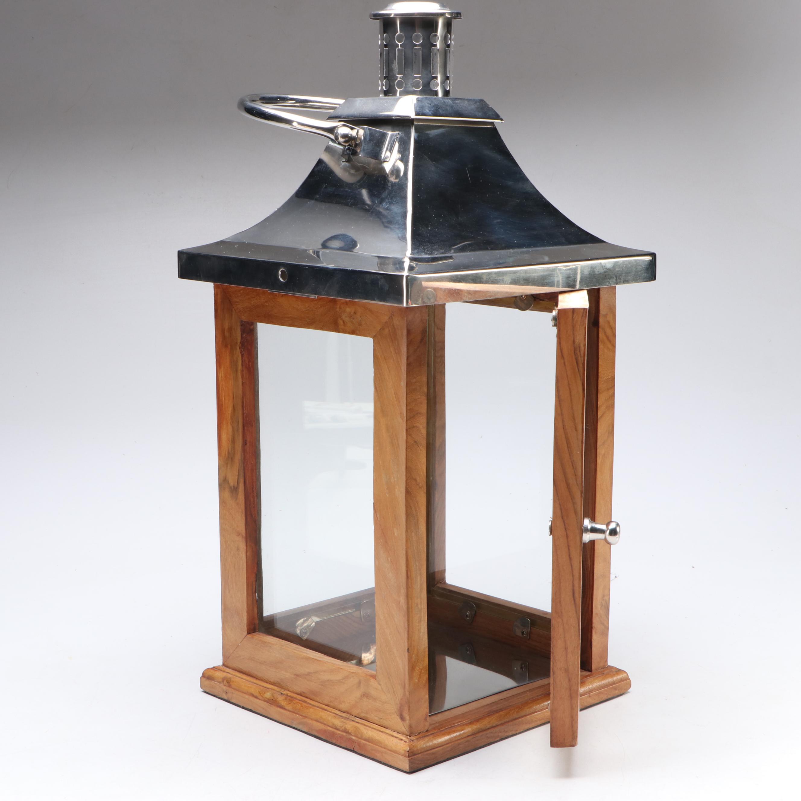 Polished Metal Capped Teak Wood Candle Lantern