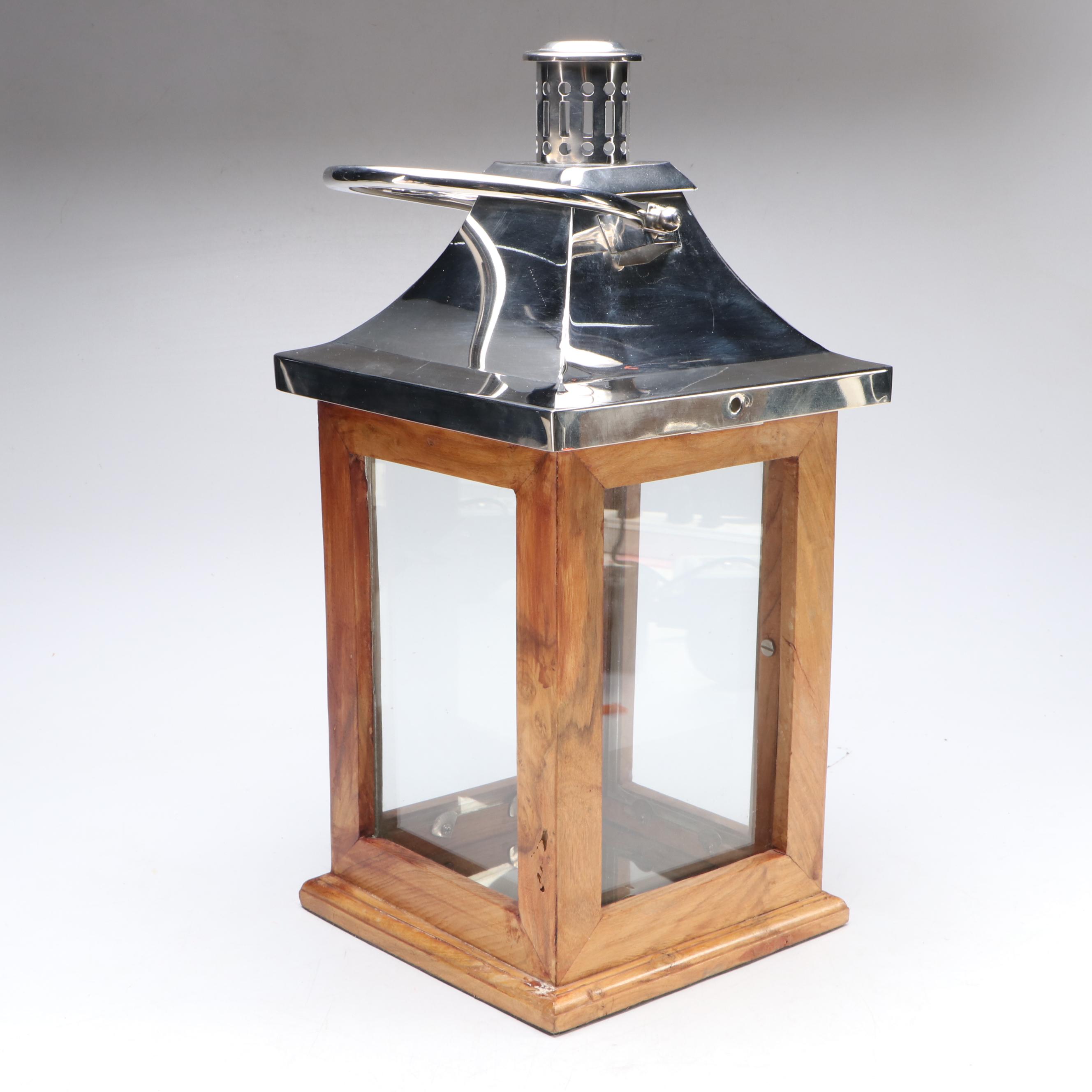 Polished Metal Capped Teak Wood Candle Lantern