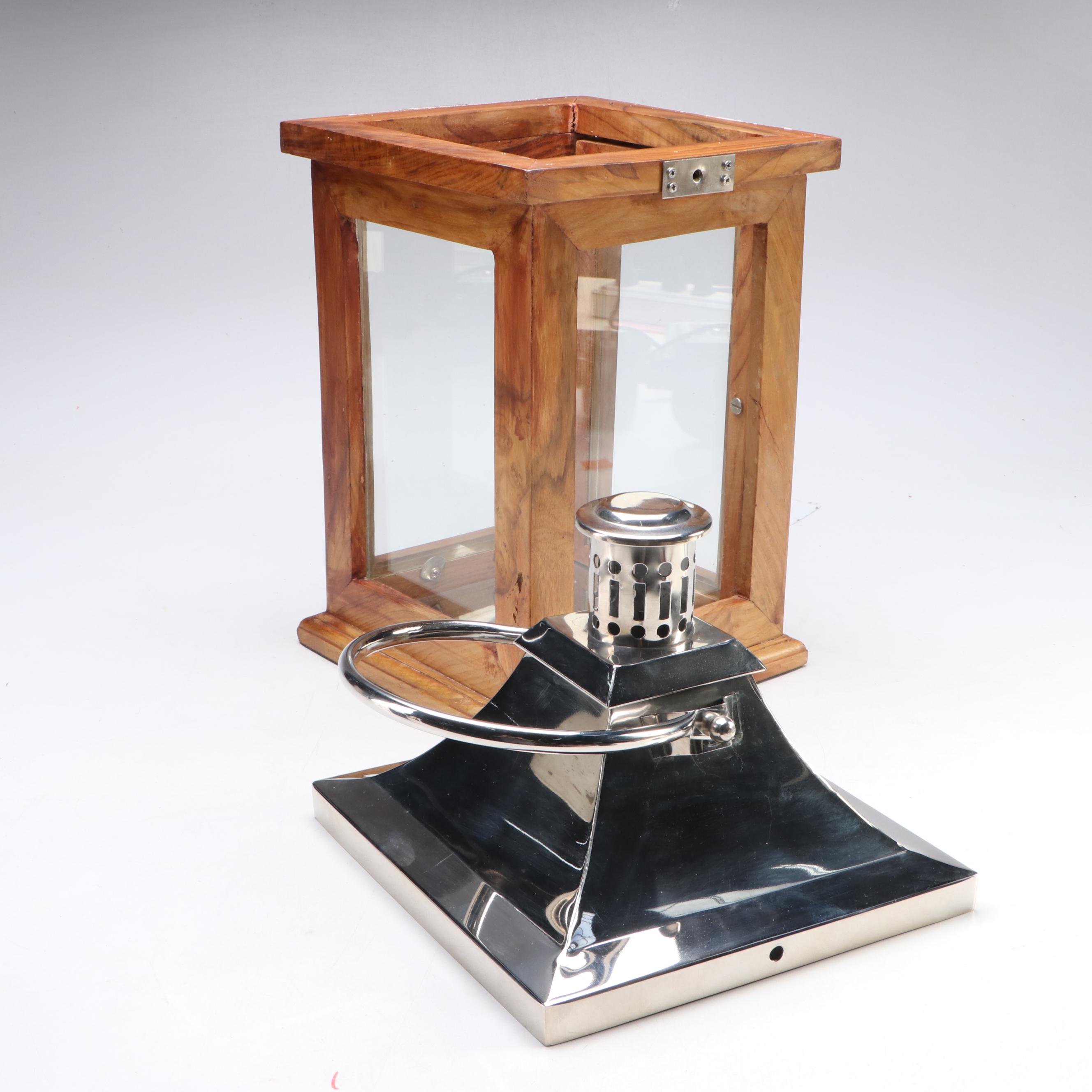 Polished Metal Capped Teak Wood Candle Lantern