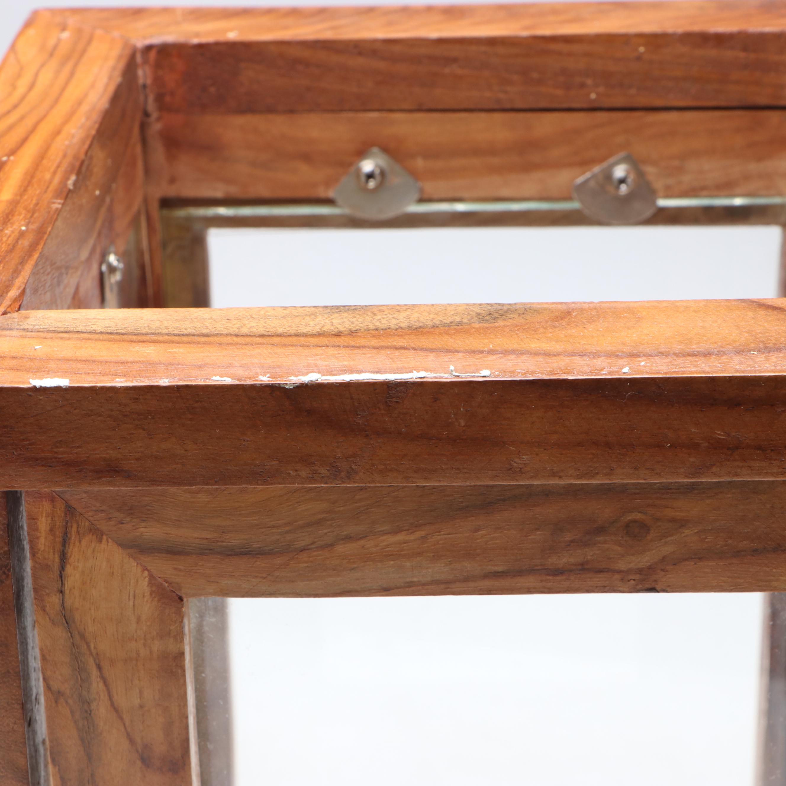 Polished Metal Capped Teak Wood Candle Lantern