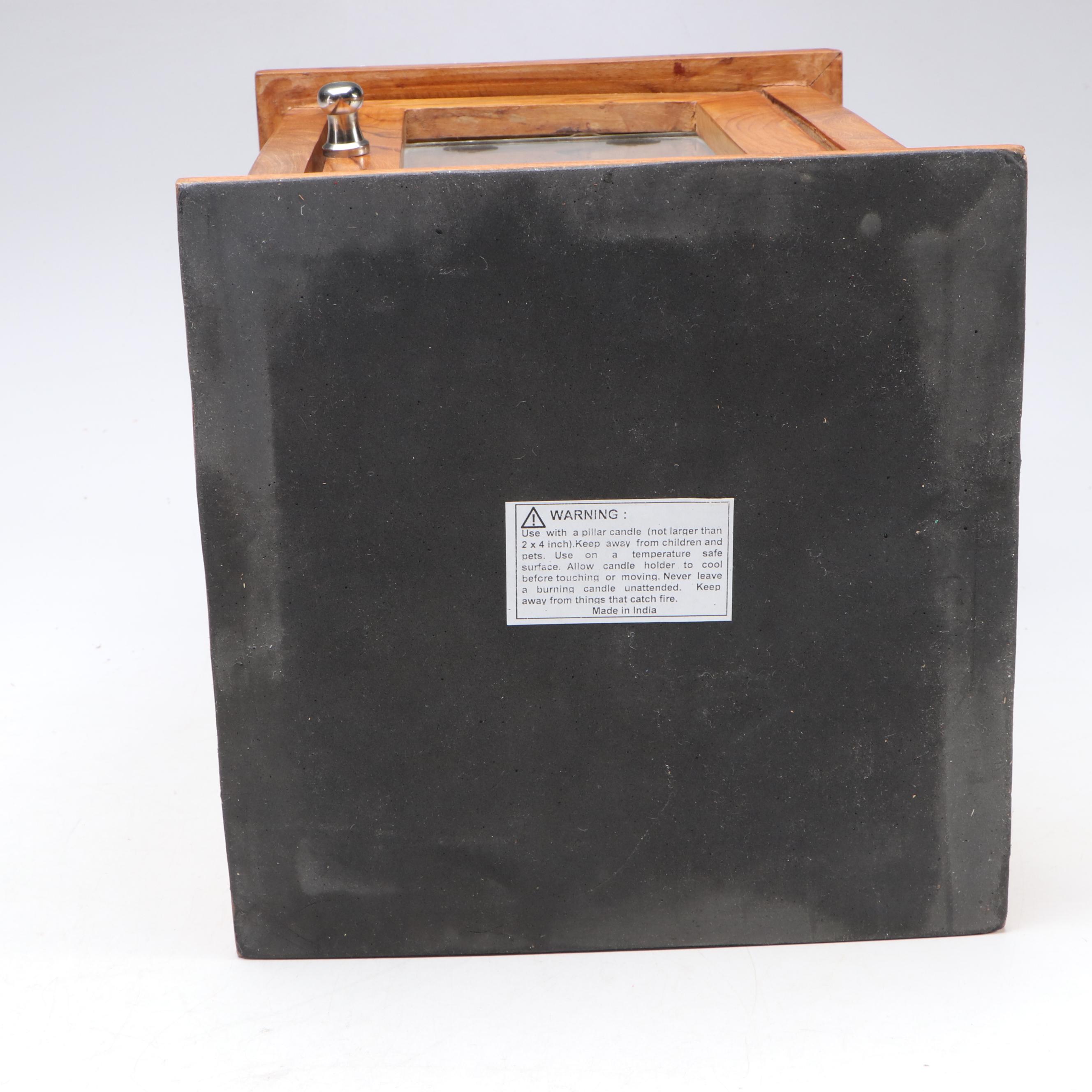 Polished Metal Capped Teak Wood Candle Lantern