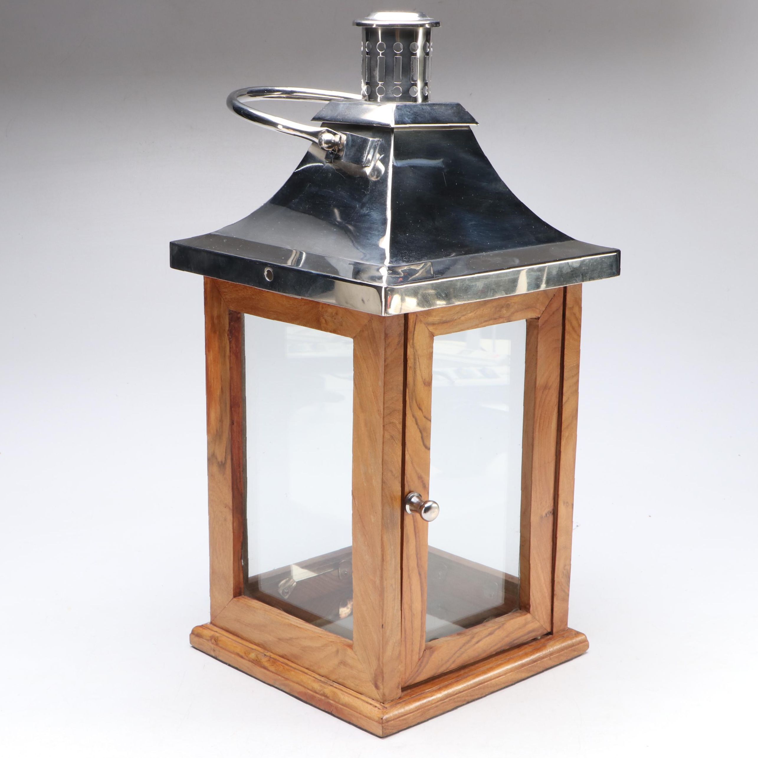 Polished Metal Capped Teak Wood Candle Lantern