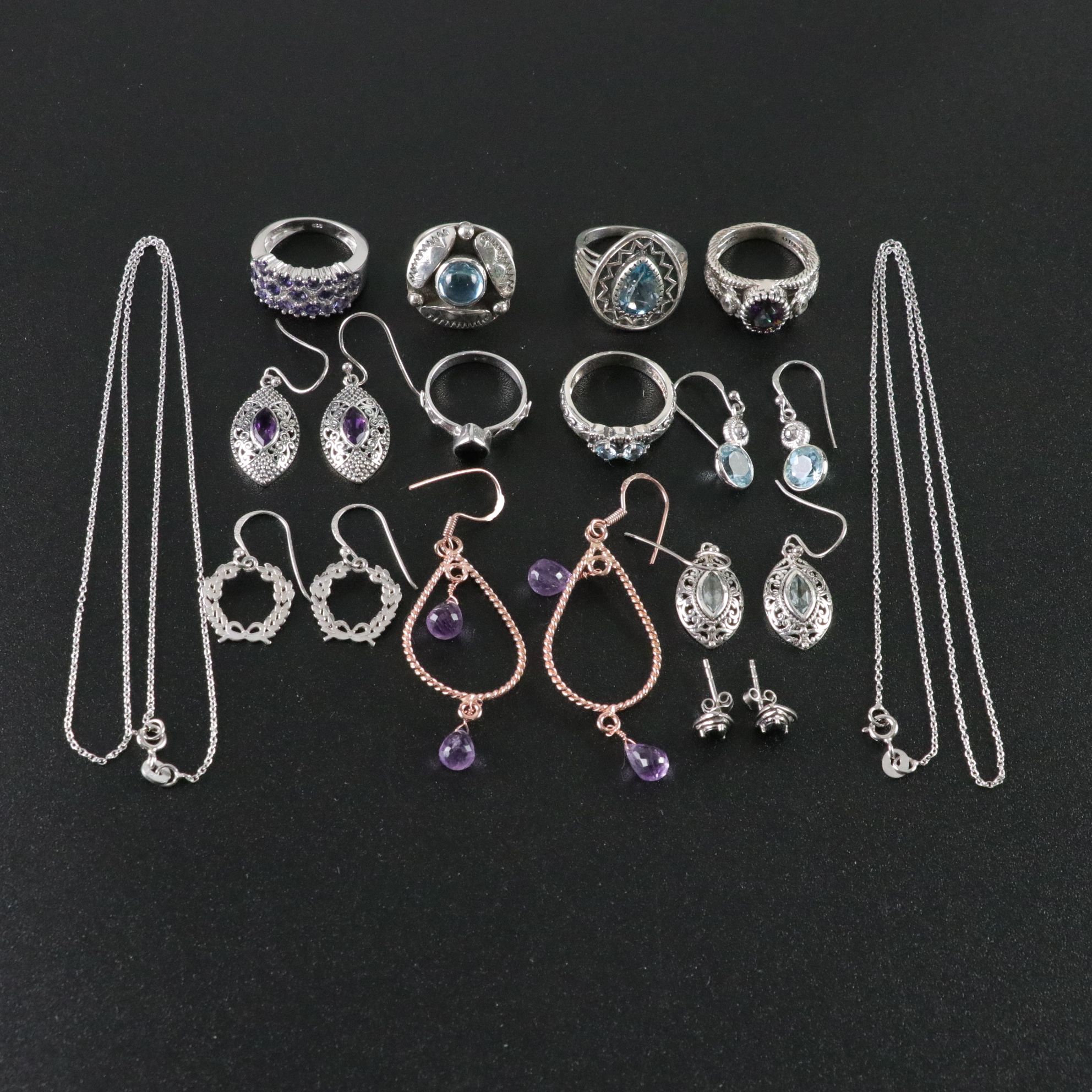 14 Assorted Sterling Silver Rings, Necklaces and Earrings