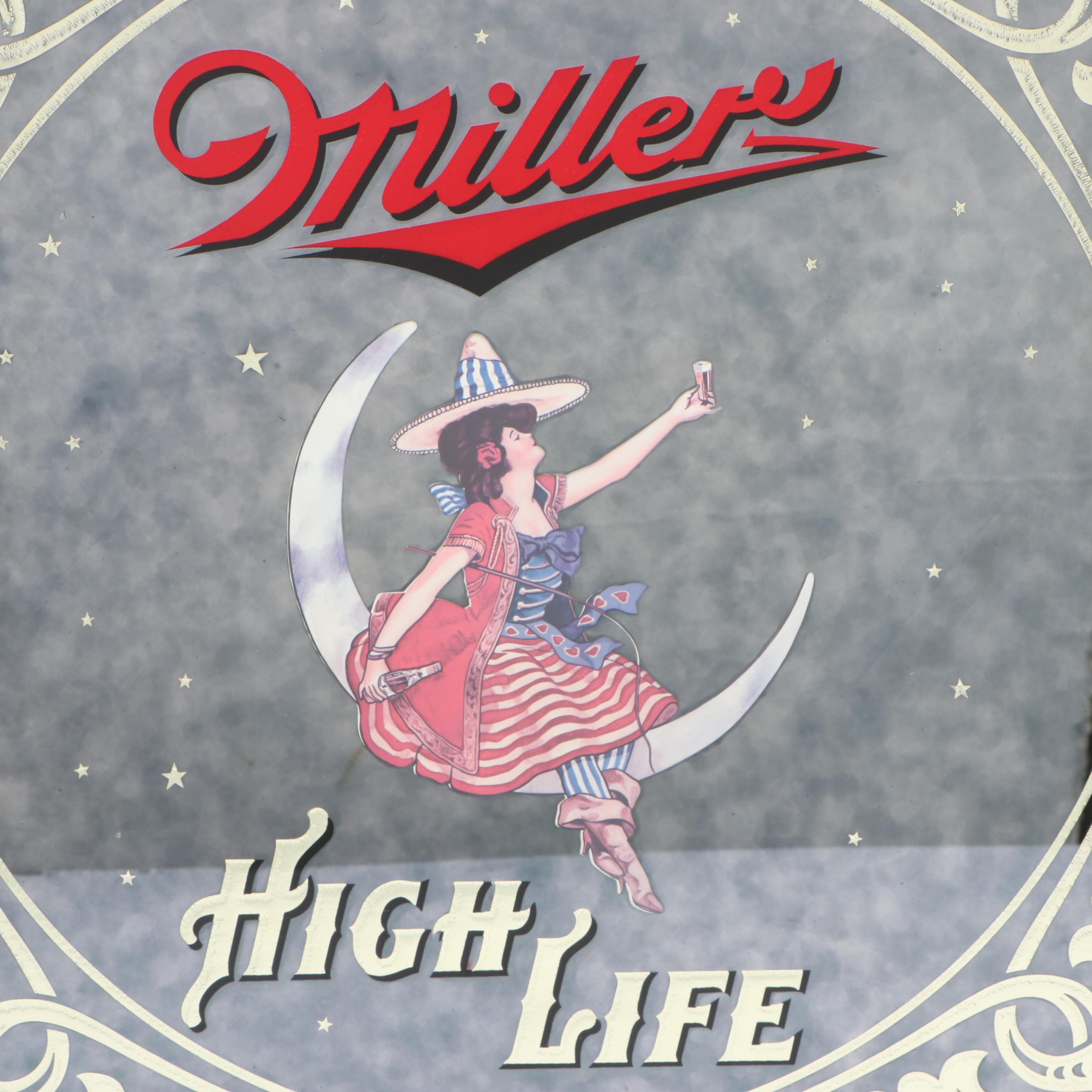 Miller High Life Beer Mirrored Sign, Mid to Late 20th Century