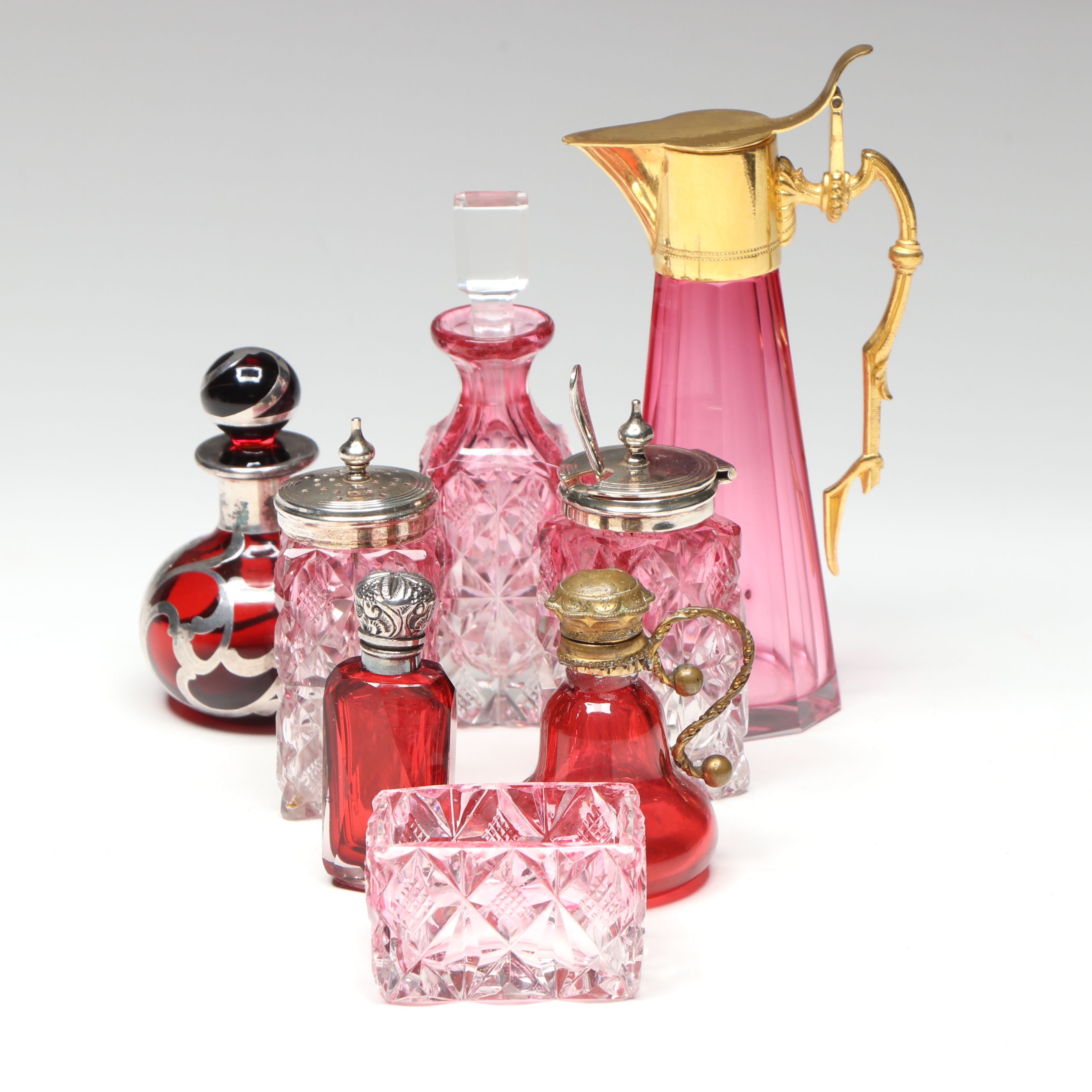 Victorian Cut Cranberry Glass Condiment Set with Cruet and Perfume Bottles