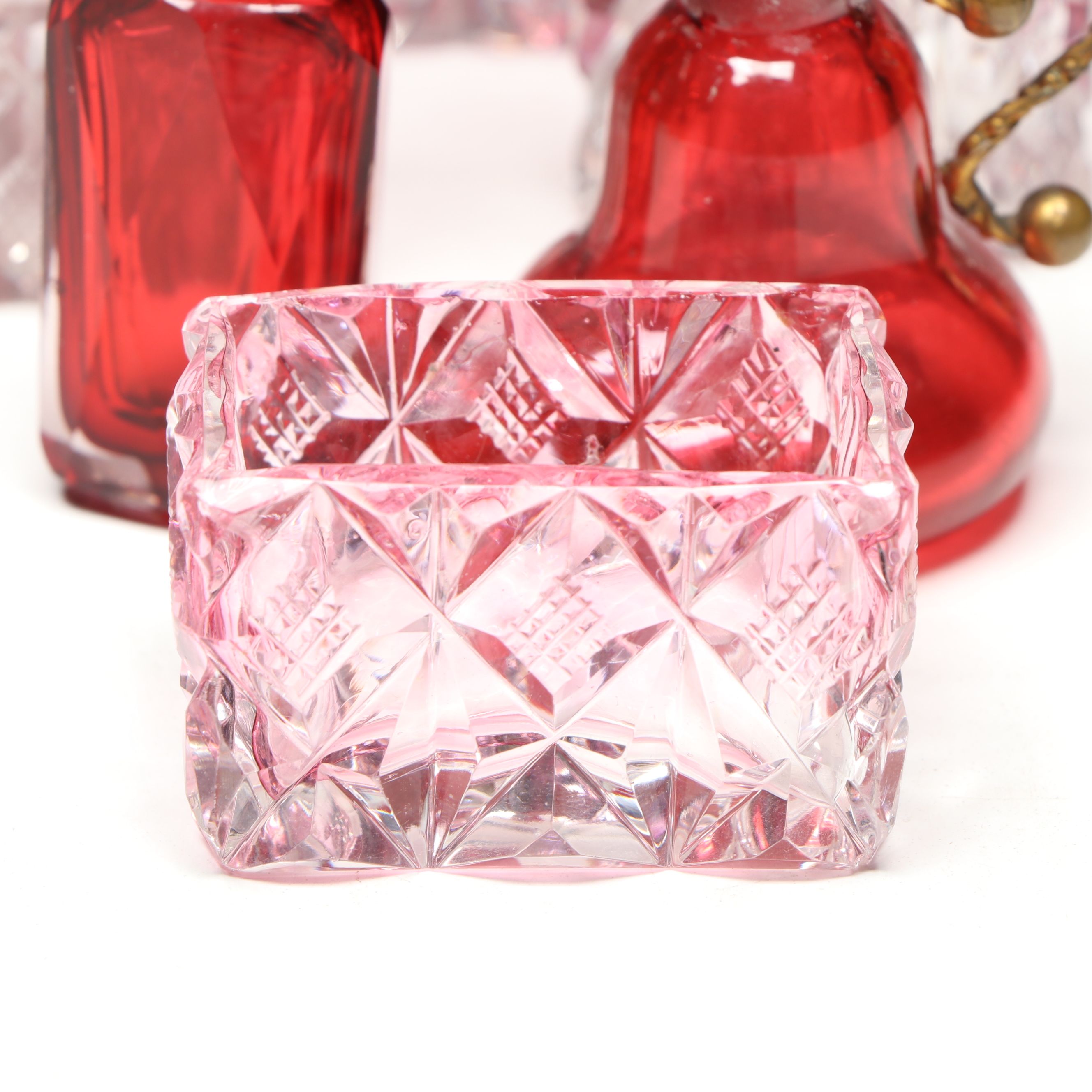 Victorian Cut Cranberry Glass Condiment Set with Cruet and Perfume Bottles