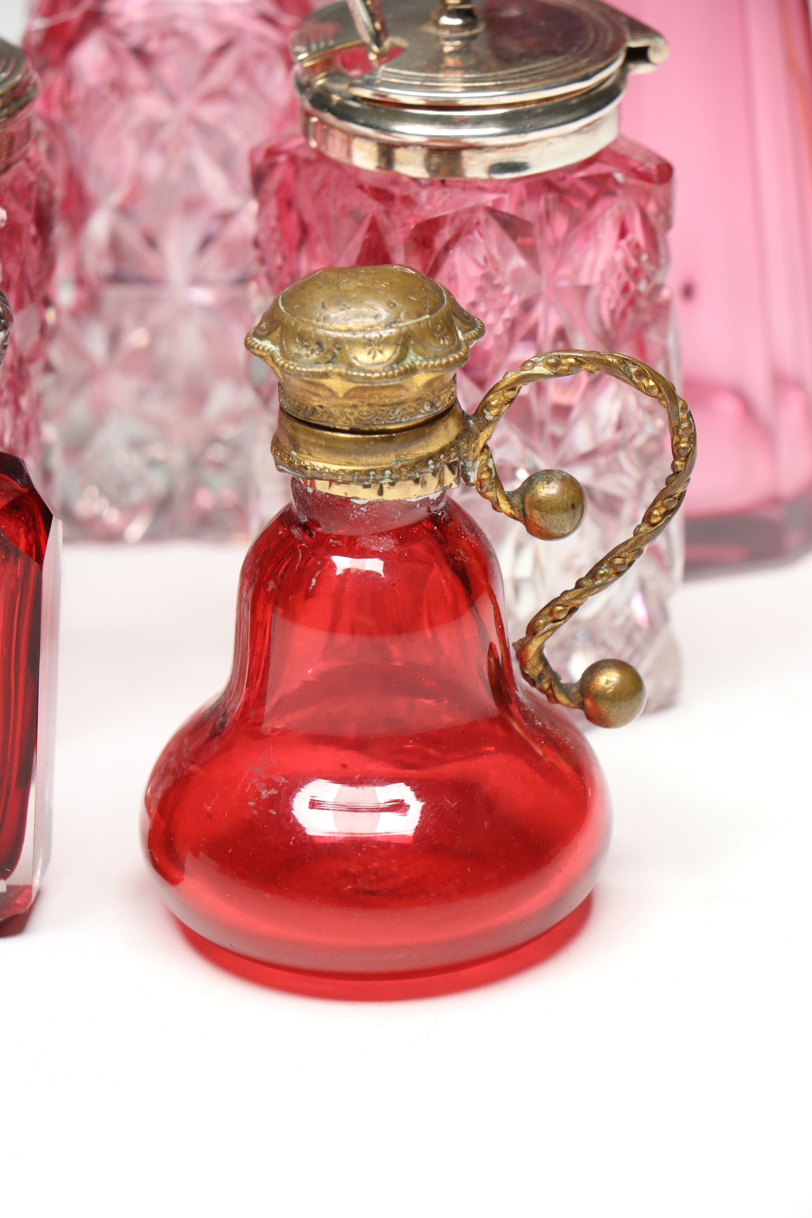 Victorian Cut Cranberry Glass Condiment Set with Cruet and Perfume Bottles