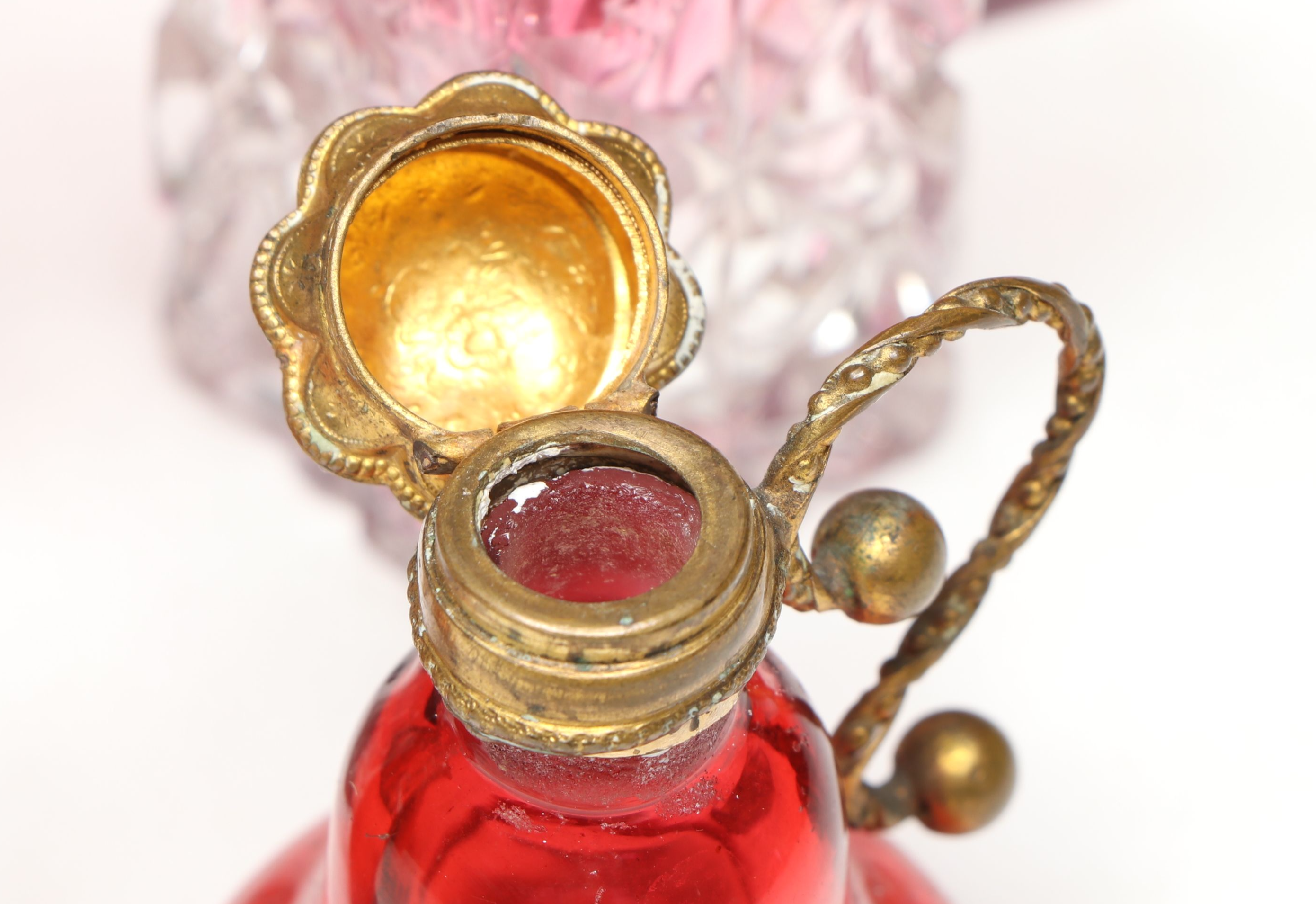 Victorian Cut Cranberry Glass Condiment Set with Cruet and Perfume Bottles