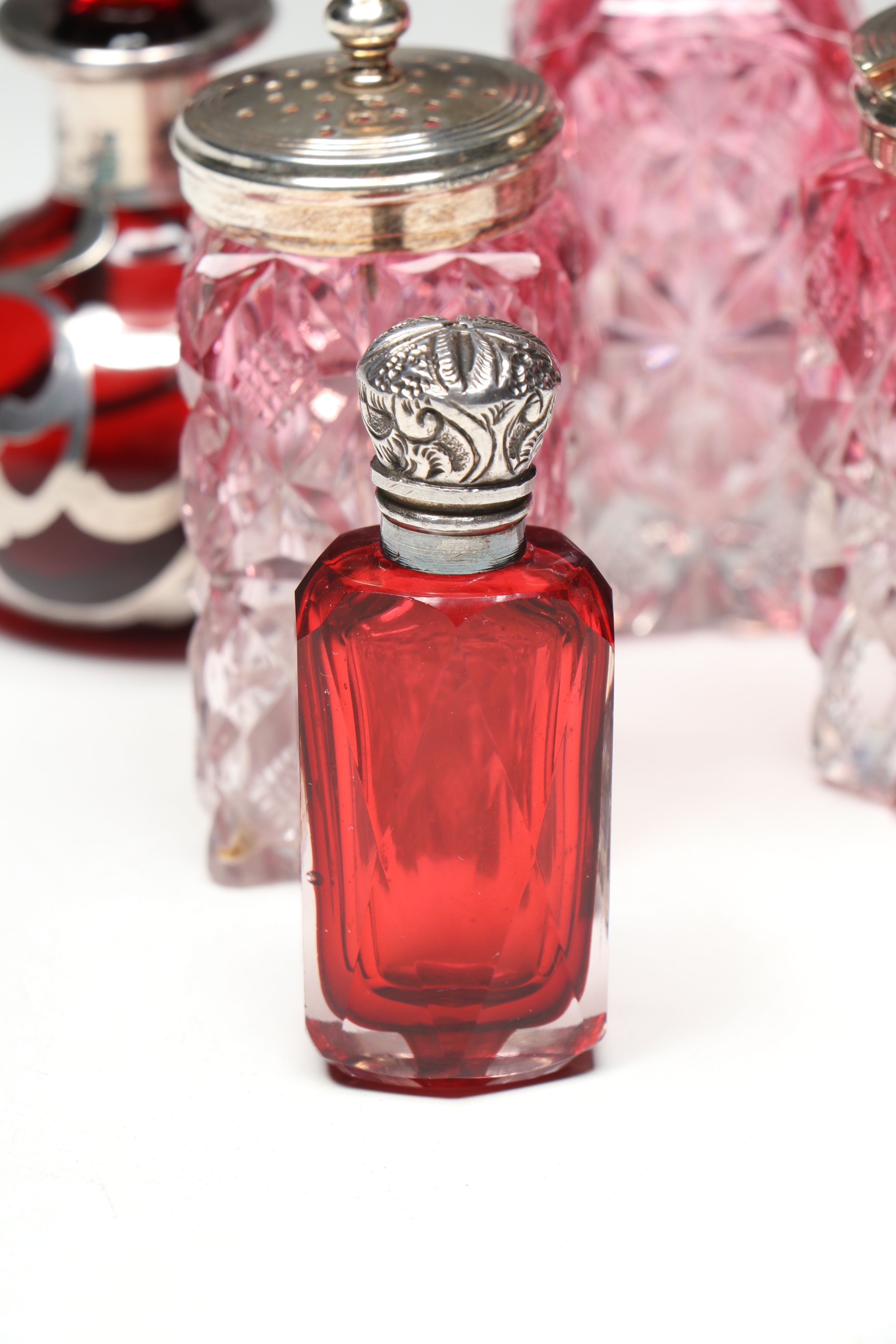 Victorian Cut Cranberry Glass Condiment Set with Cruet and Perfume Bottles