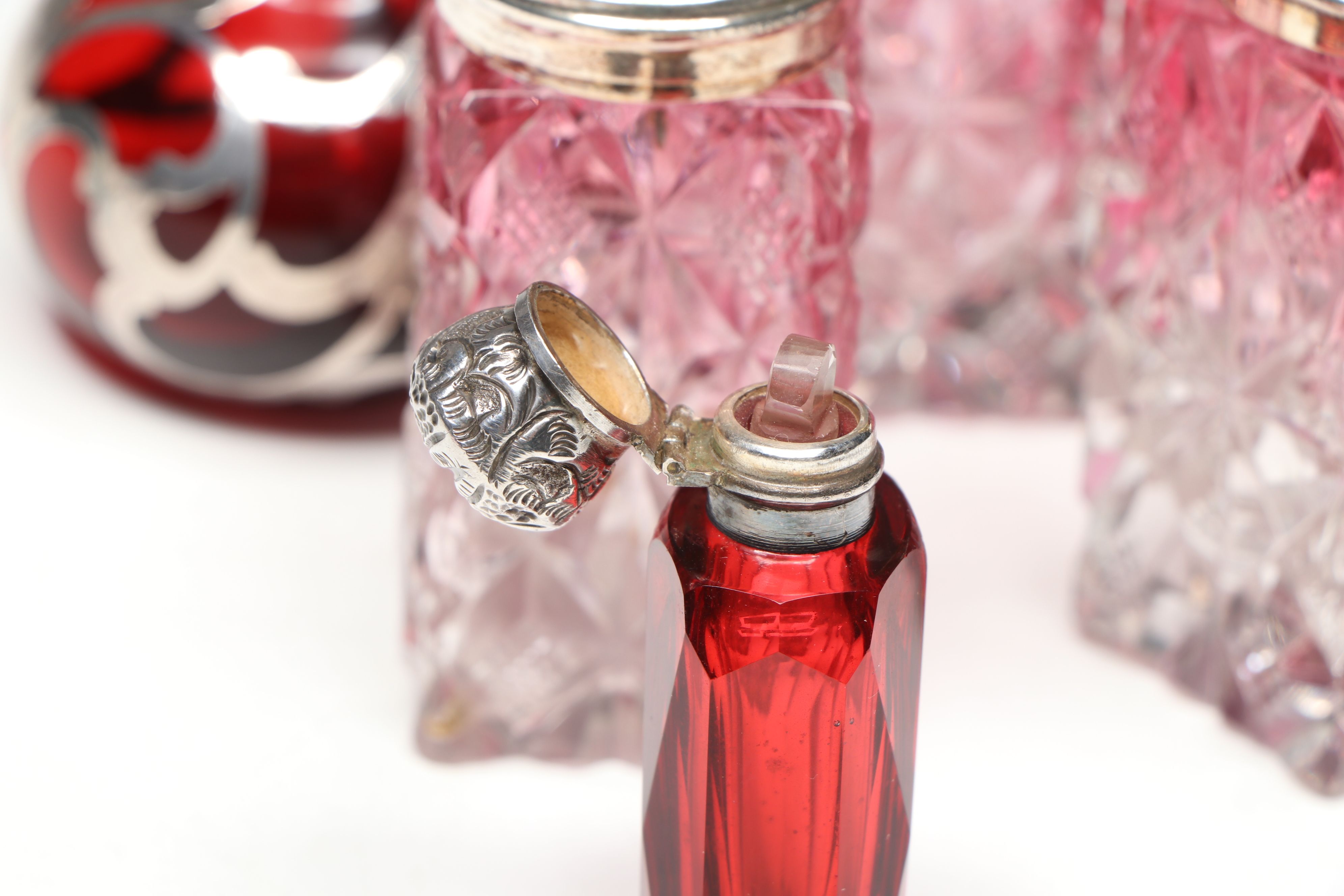 Victorian Cut Cranberry Glass Condiment Set with Cruet and Perfume Bottles