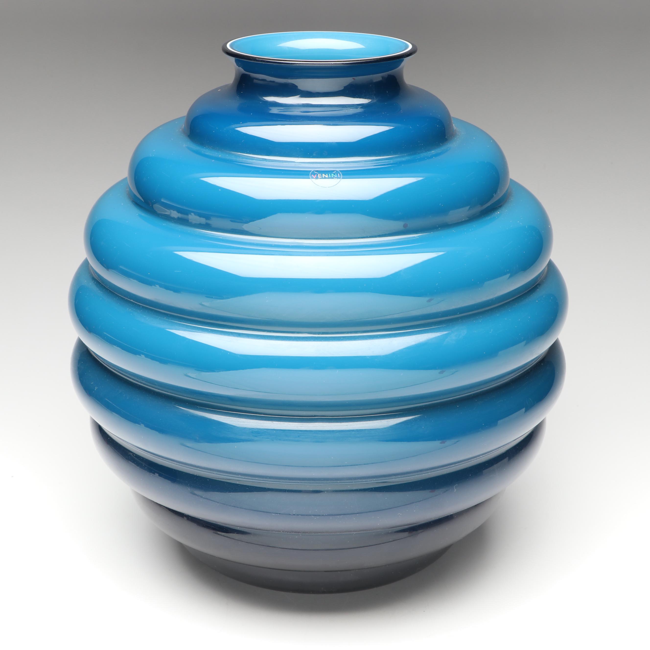 Venini Murano "Deco" Handblown Dark Blue Art Glass Vase