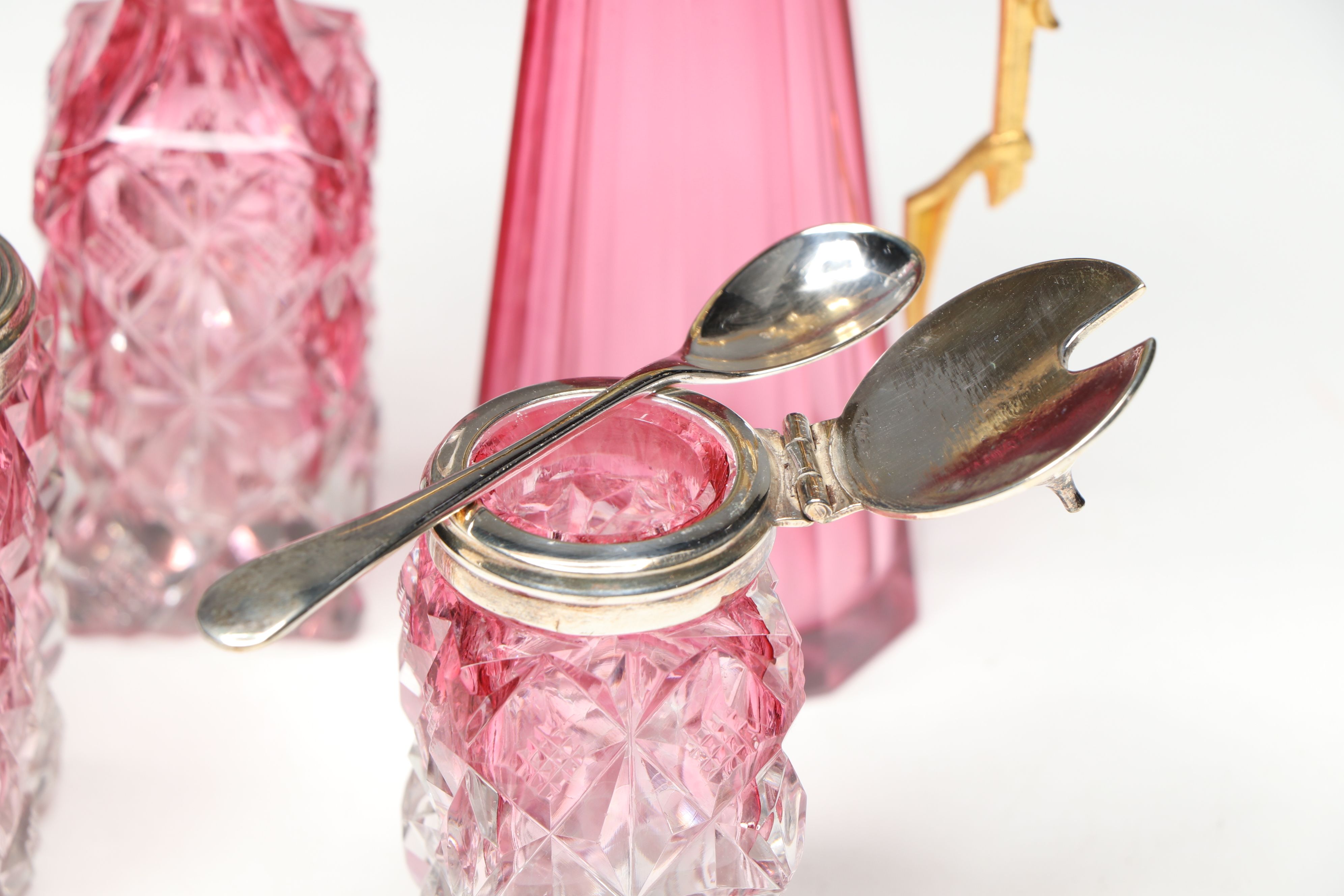 Victorian Cut Cranberry Glass Condiment Set with Cruet and Perfume Bottles
