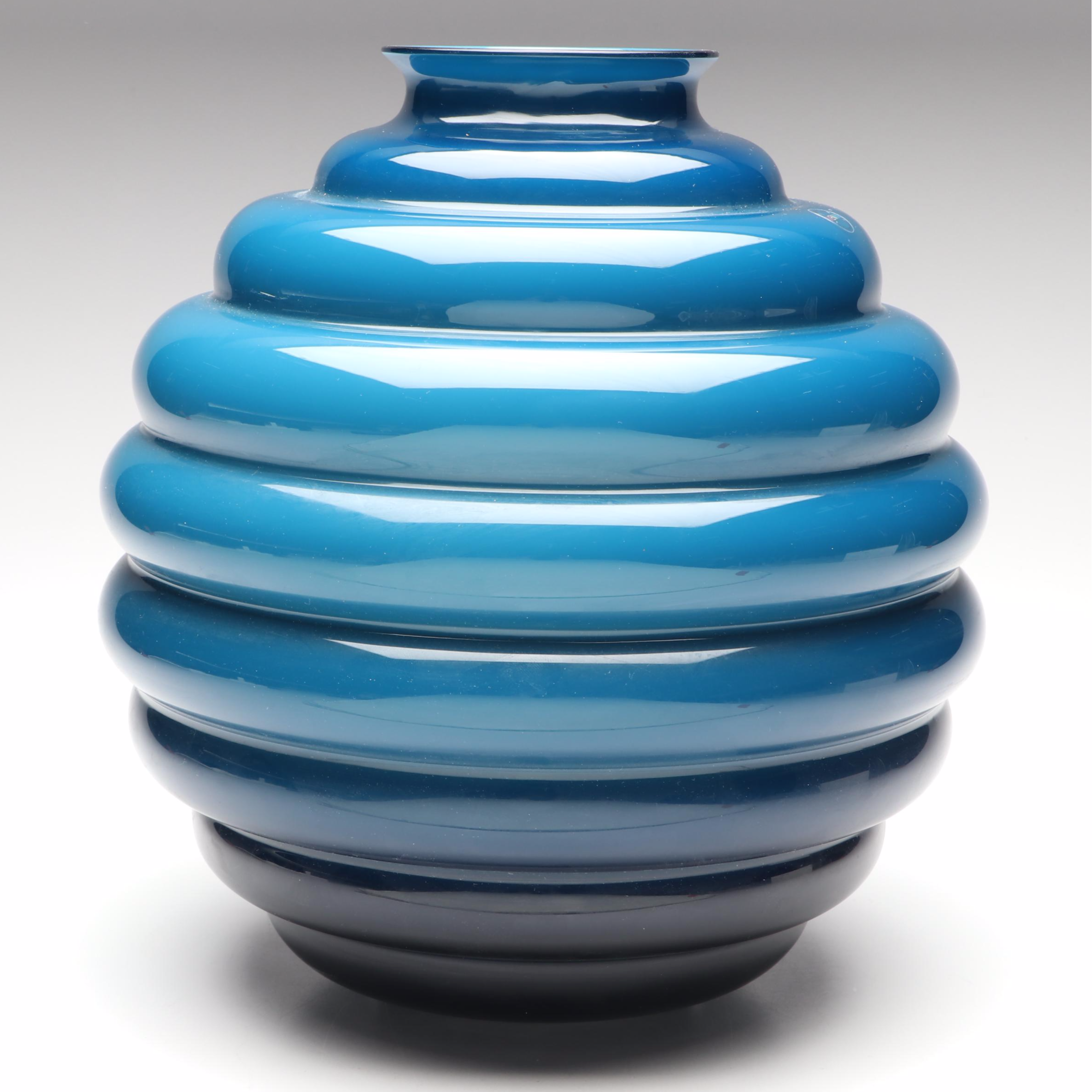 Venini Murano "Deco" Handblown Dark Blue Art Glass Vase