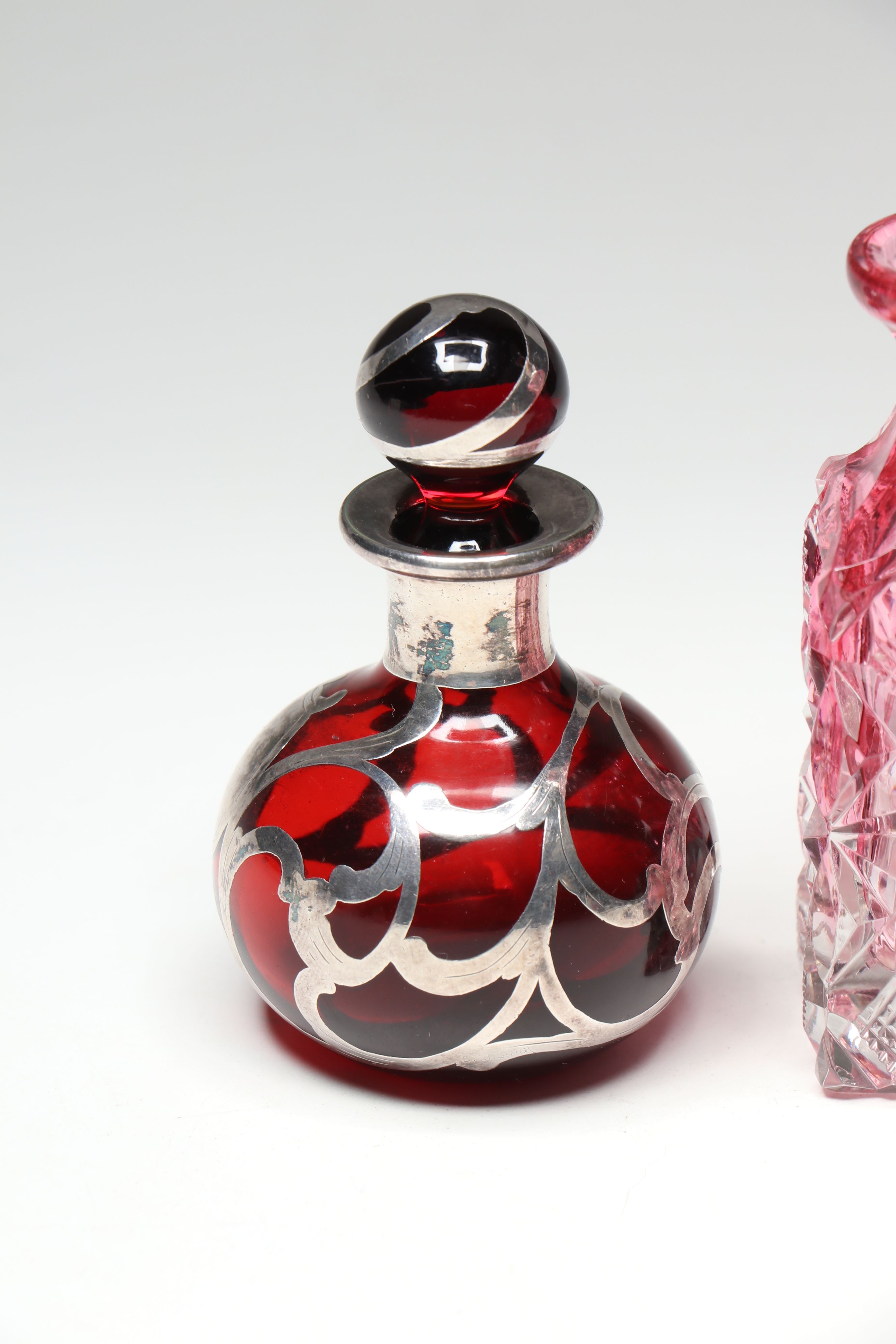 Victorian Cut Cranberry Glass Condiment Set with Cruet and Perfume Bottles