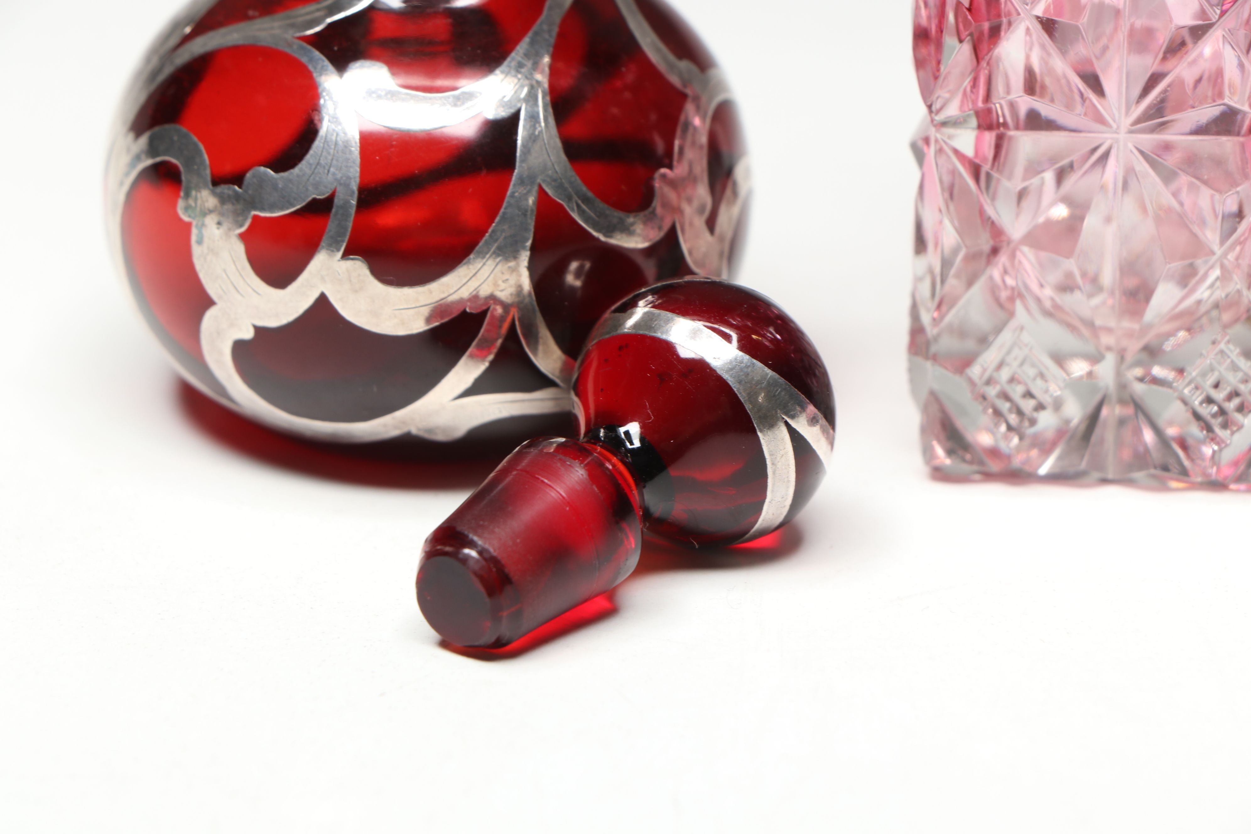 Victorian Cut Cranberry Glass Condiment Set with Cruet and Perfume Bottles