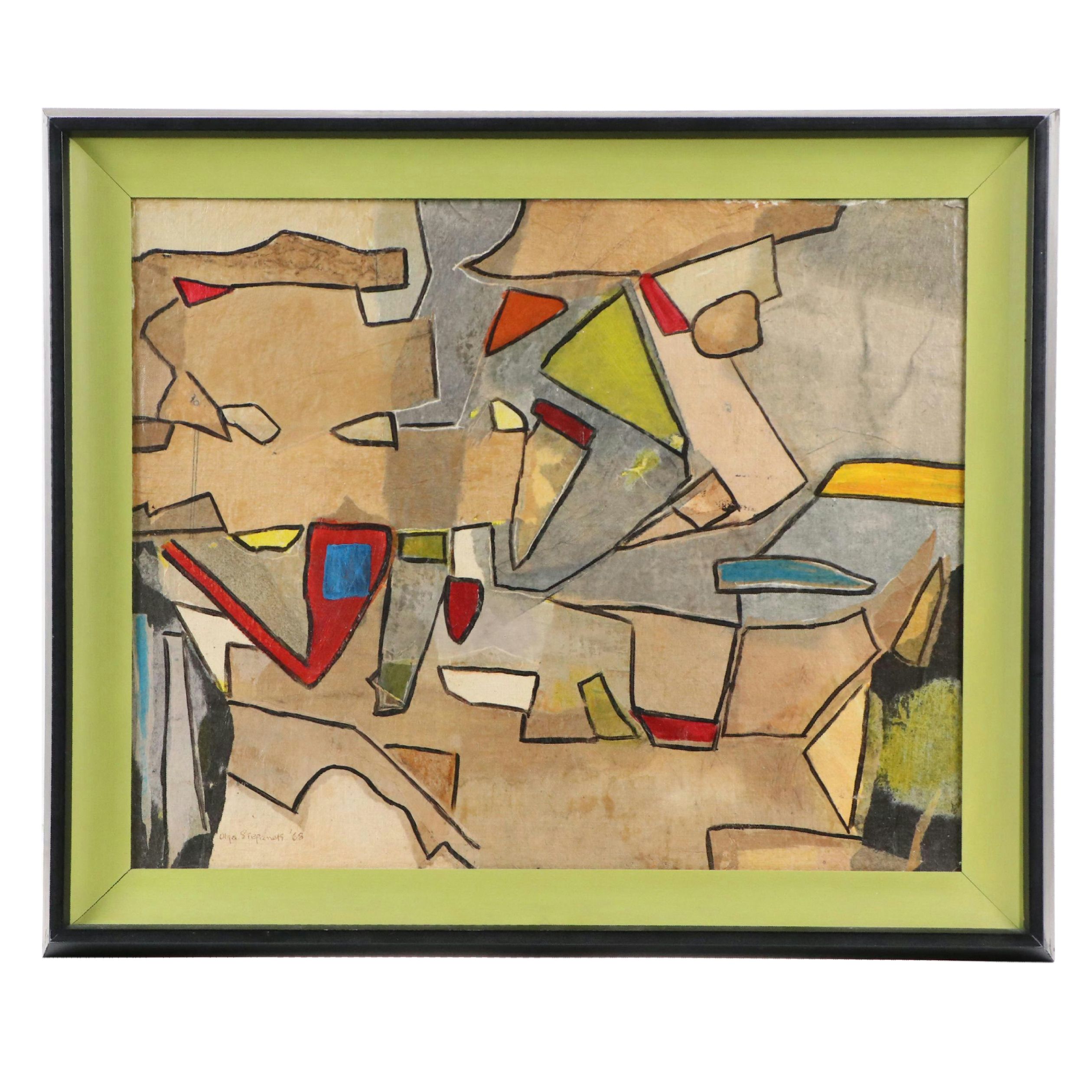 Olga Stepanek Abstract Geometric Oil Painting, 1968