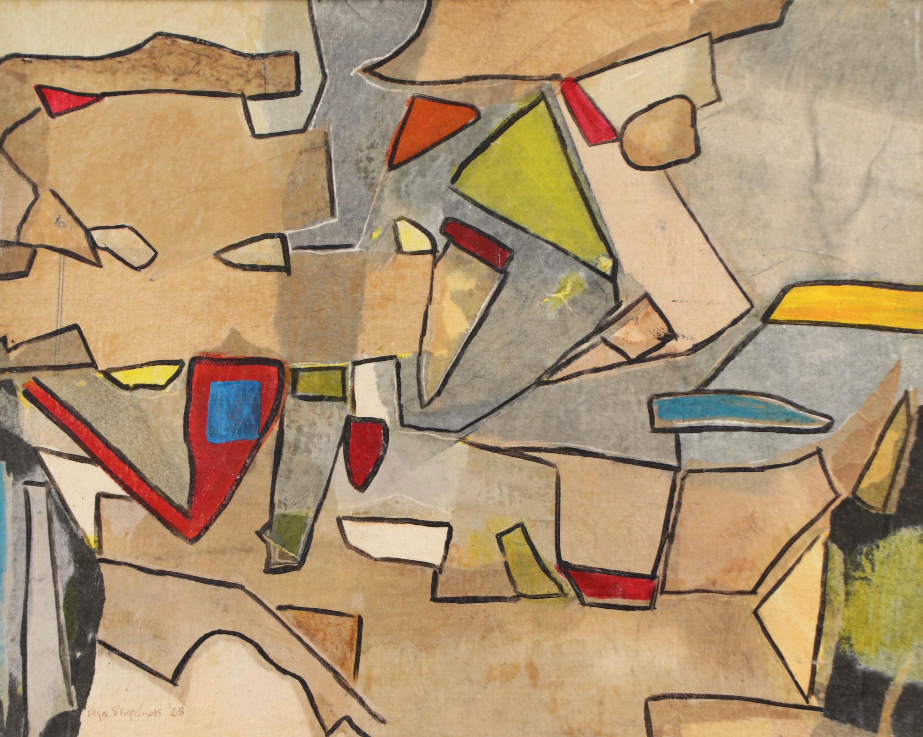 Olga Stepanek Abstract Geometric Oil Painting, 1968