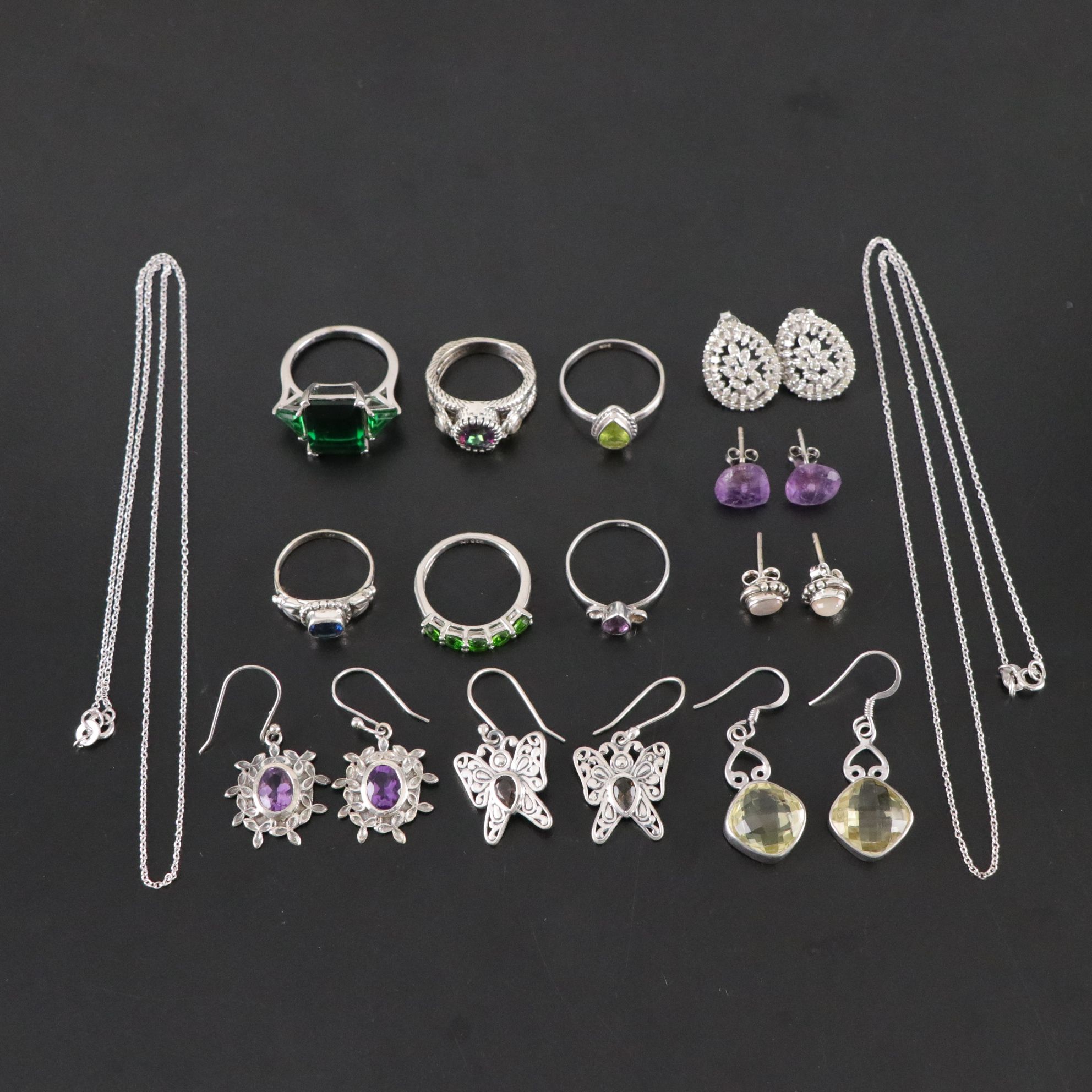14 Assorted Sterling Silver Rings, Necklaces and Earrings