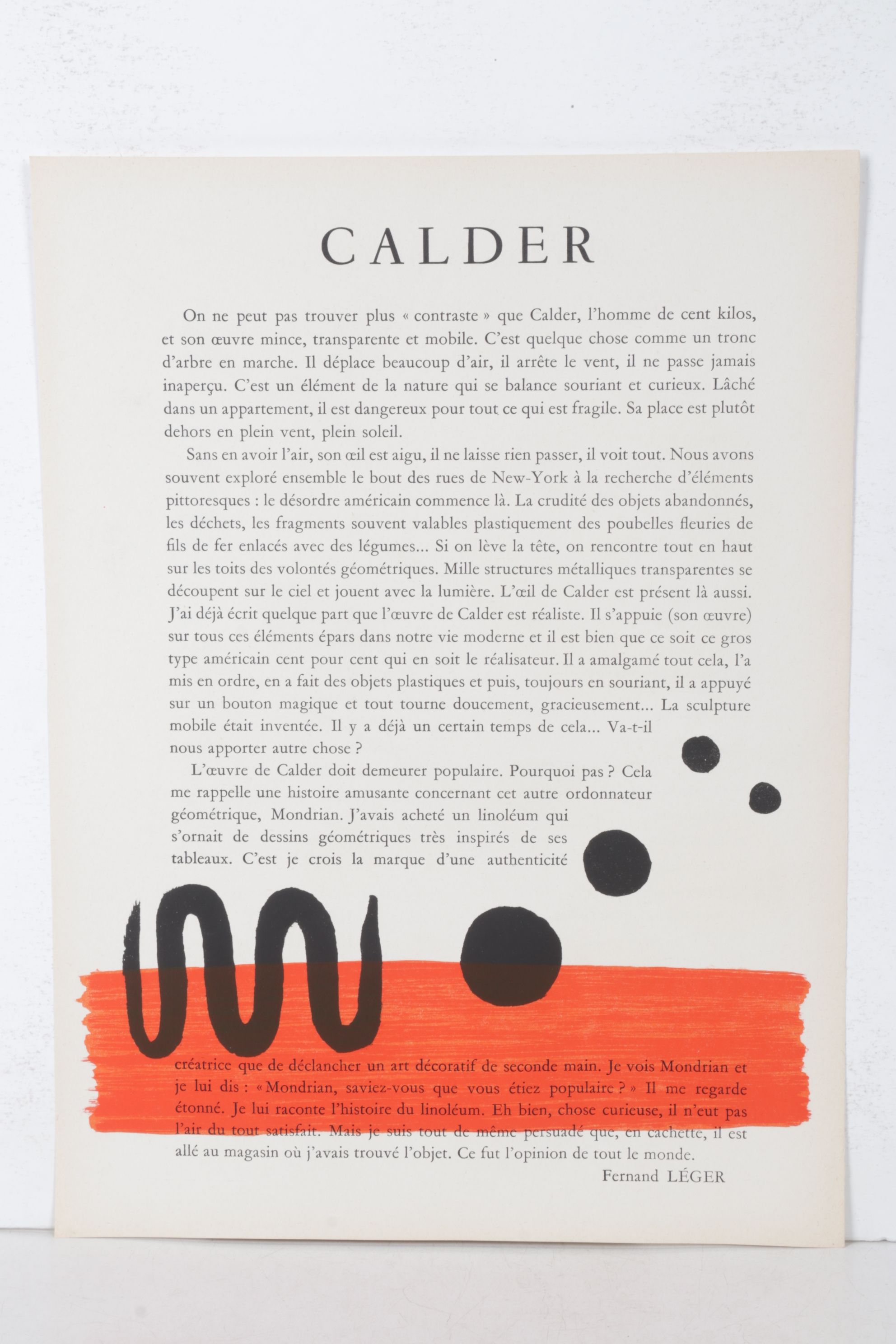 Fernand Léger Biographical Essay on Alexander Calder, Circa 1950