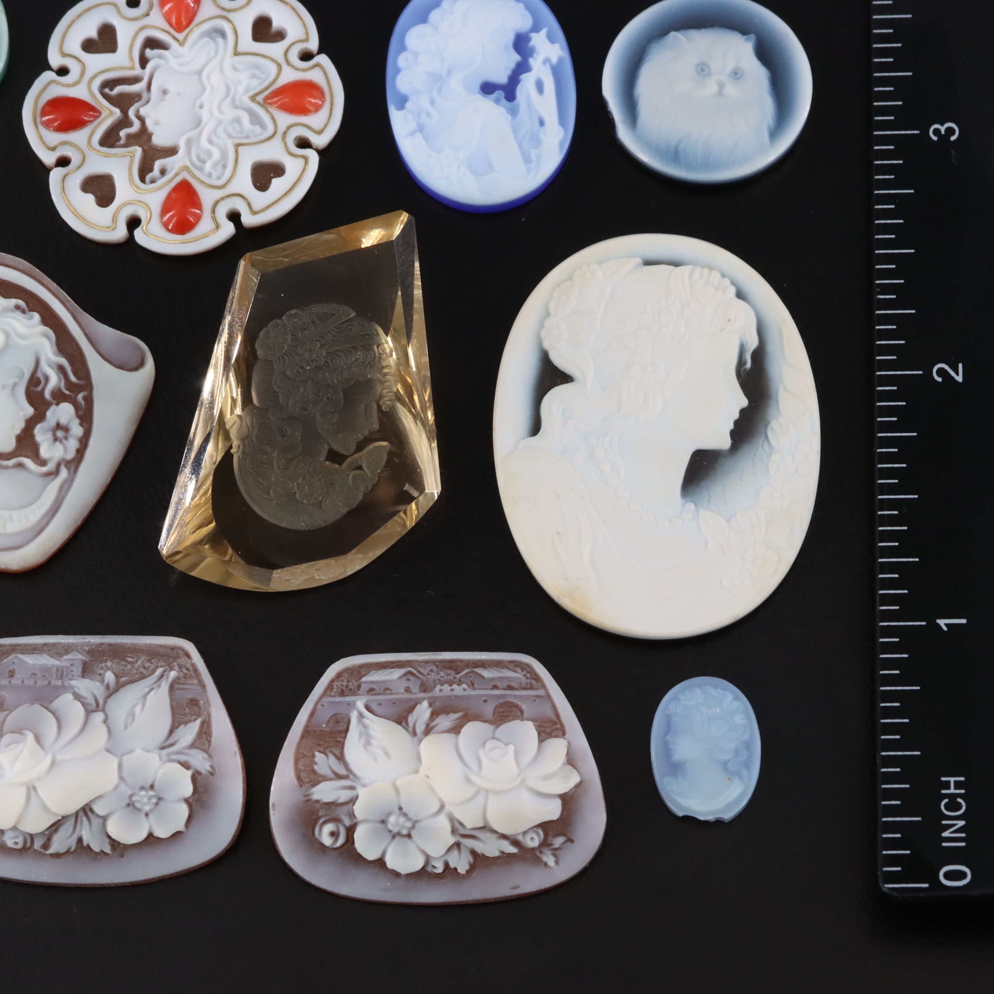 Loose Shell and Onyx Cameos and Smoky Quartz Intaglio