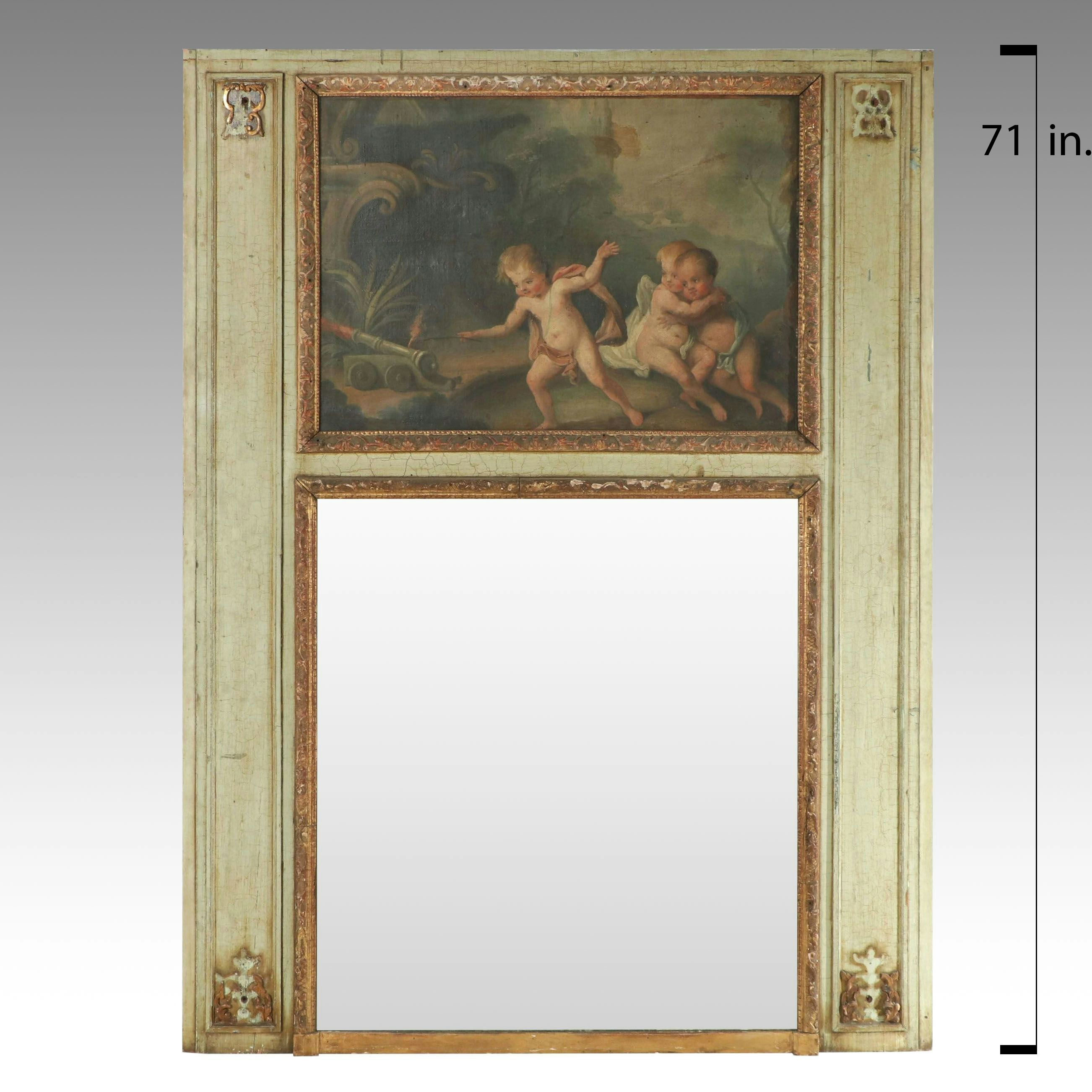 French Louis XVI Style Trumeau Mirror with Putti Pastoral Painting, 19th Century