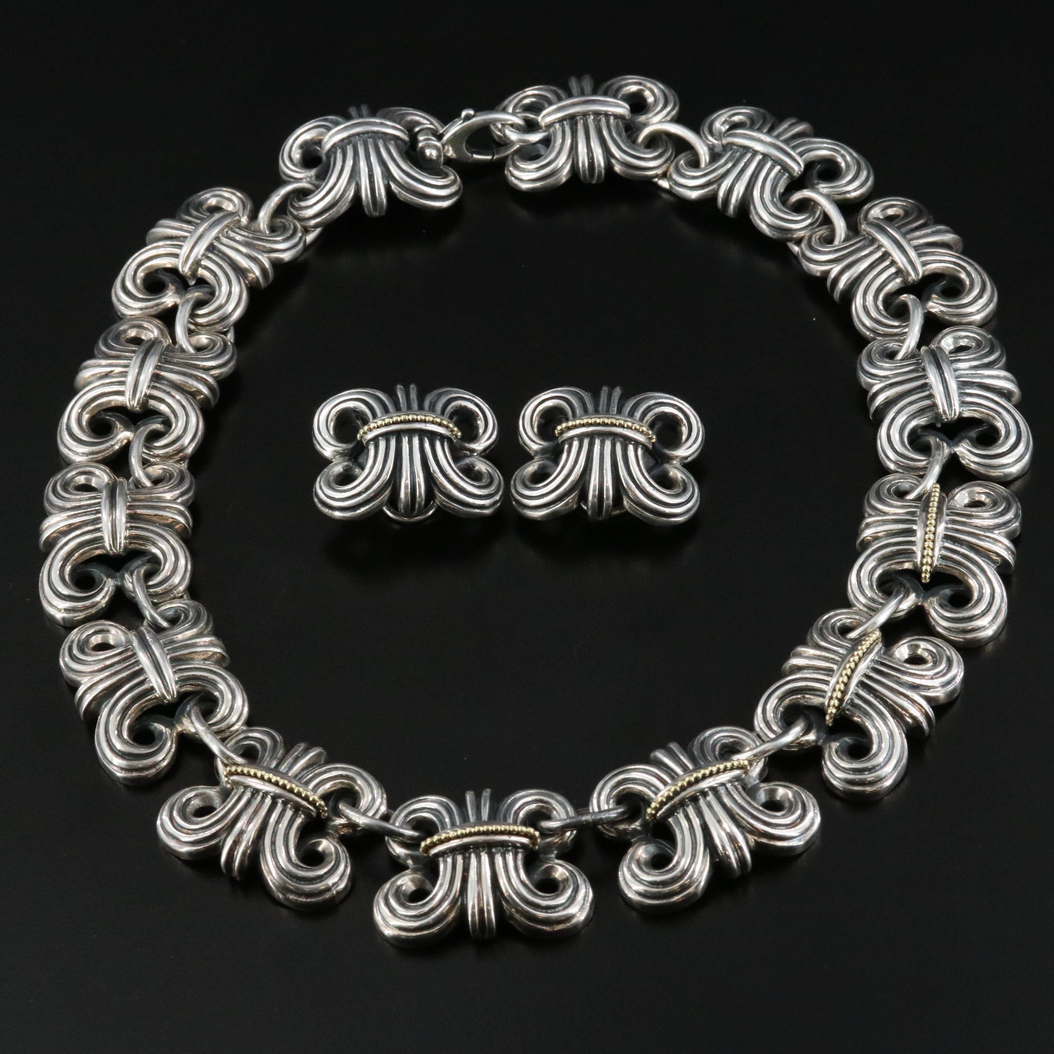 Lagos Caviar Fleur-de-Lis Sterling Clip Earrings and Necklace with 18K Accents
