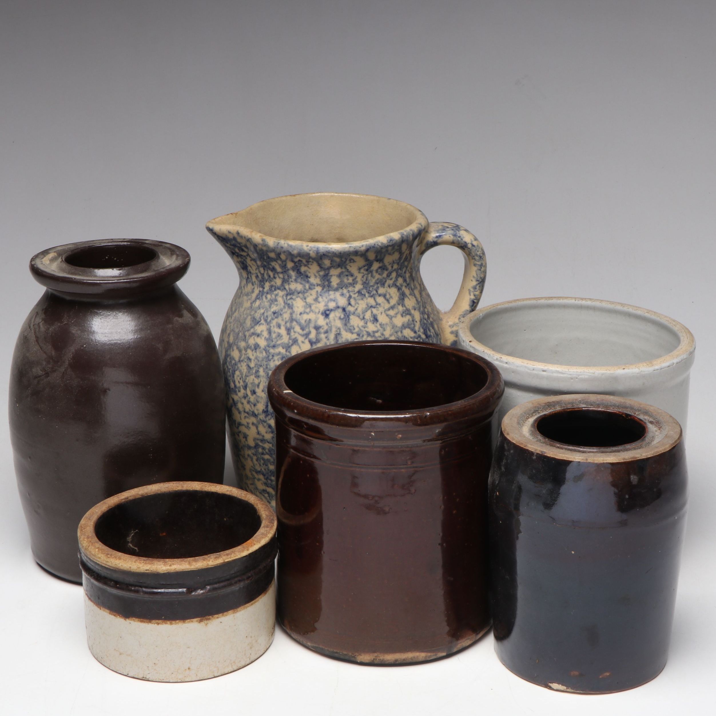 Robinson Ransbottom Ohio-Made Speckled Pitcher and Stoneware Containers