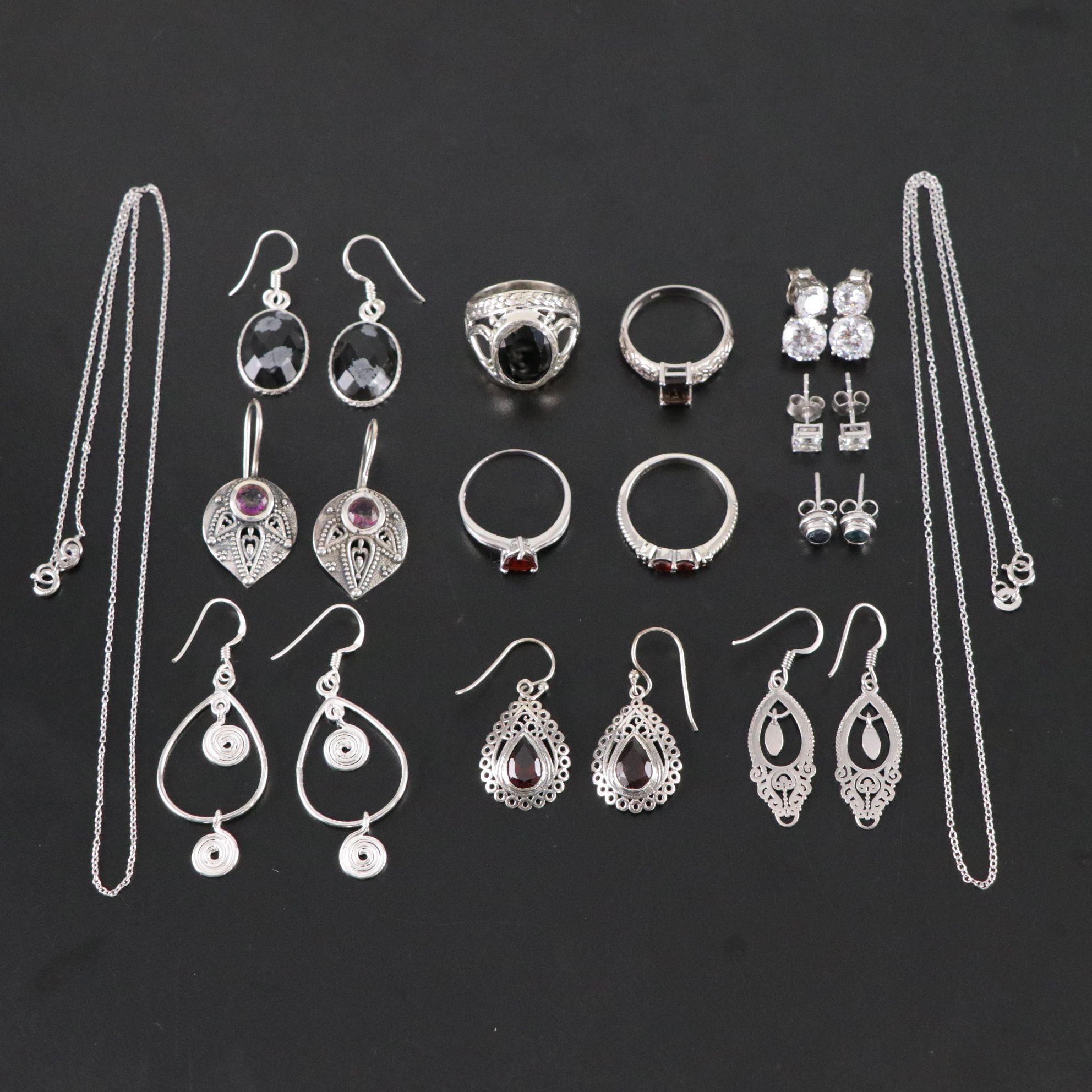 14 Assorted Sterling Silver Rings, Necklaces and Earrings