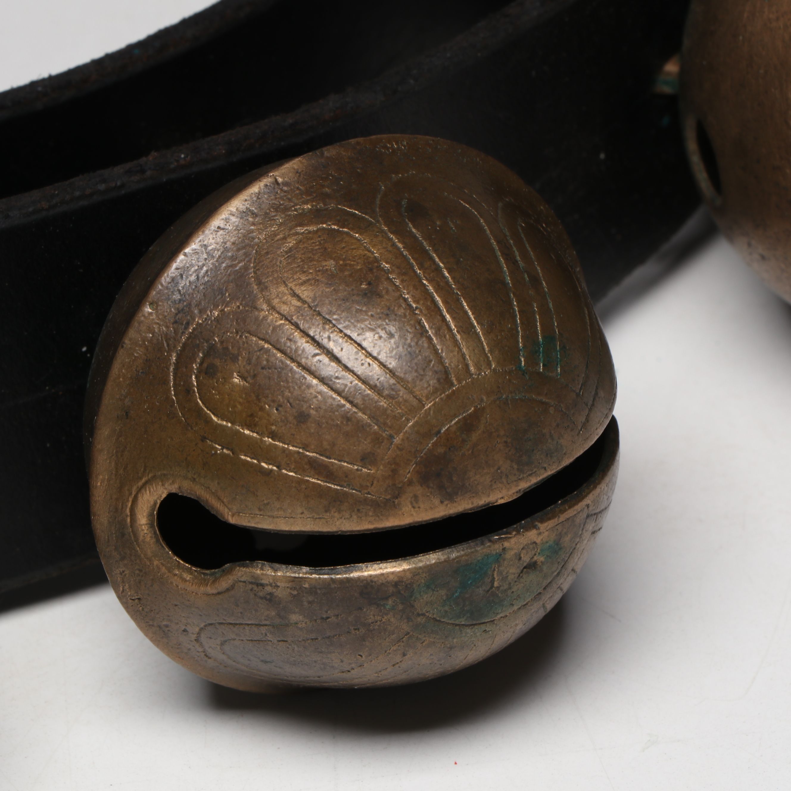 Victorian Brass Sleigh Bells Mounted on Leather Strap