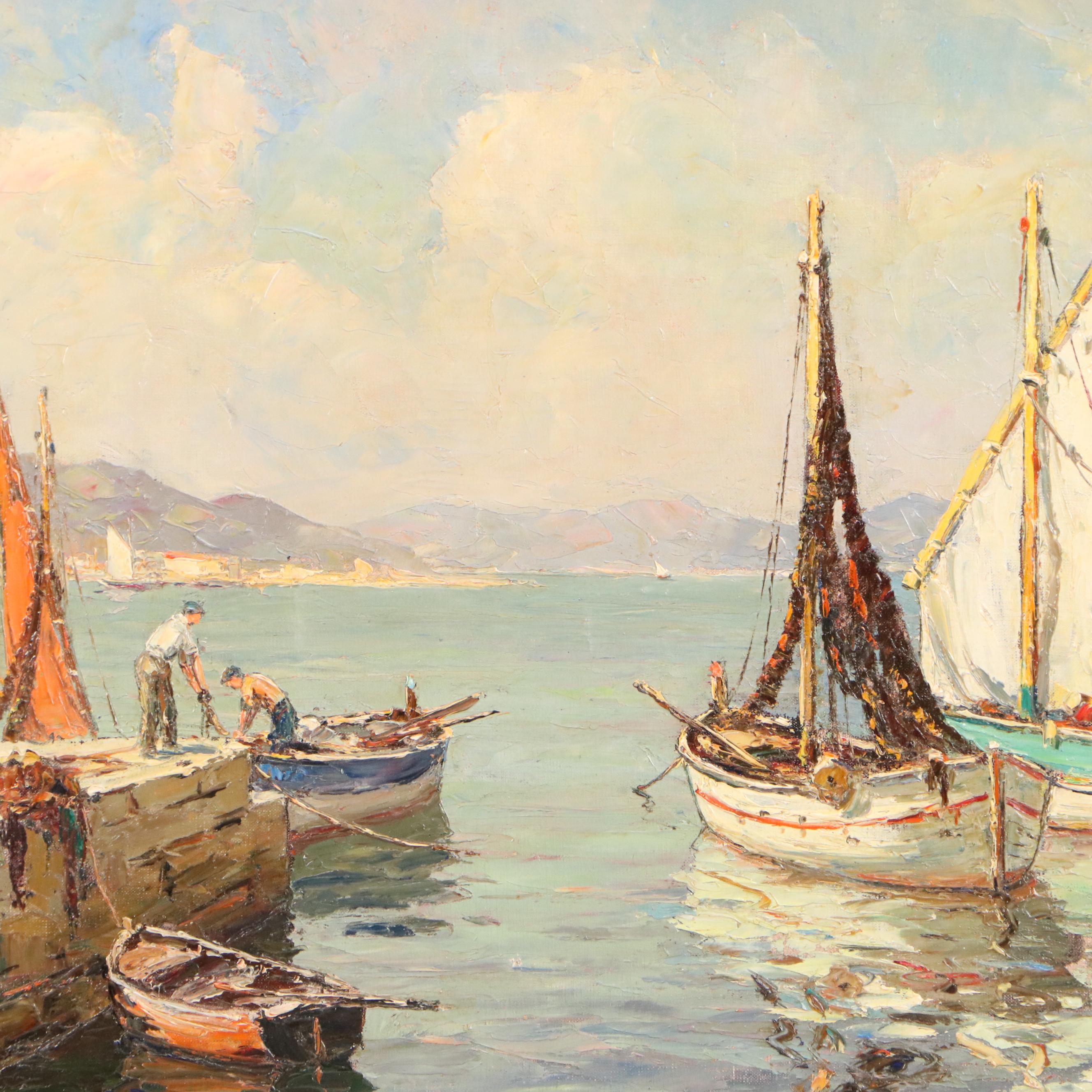 André Beronneau Maritime Oil Painting "Harbor in Normandy," 20th Century