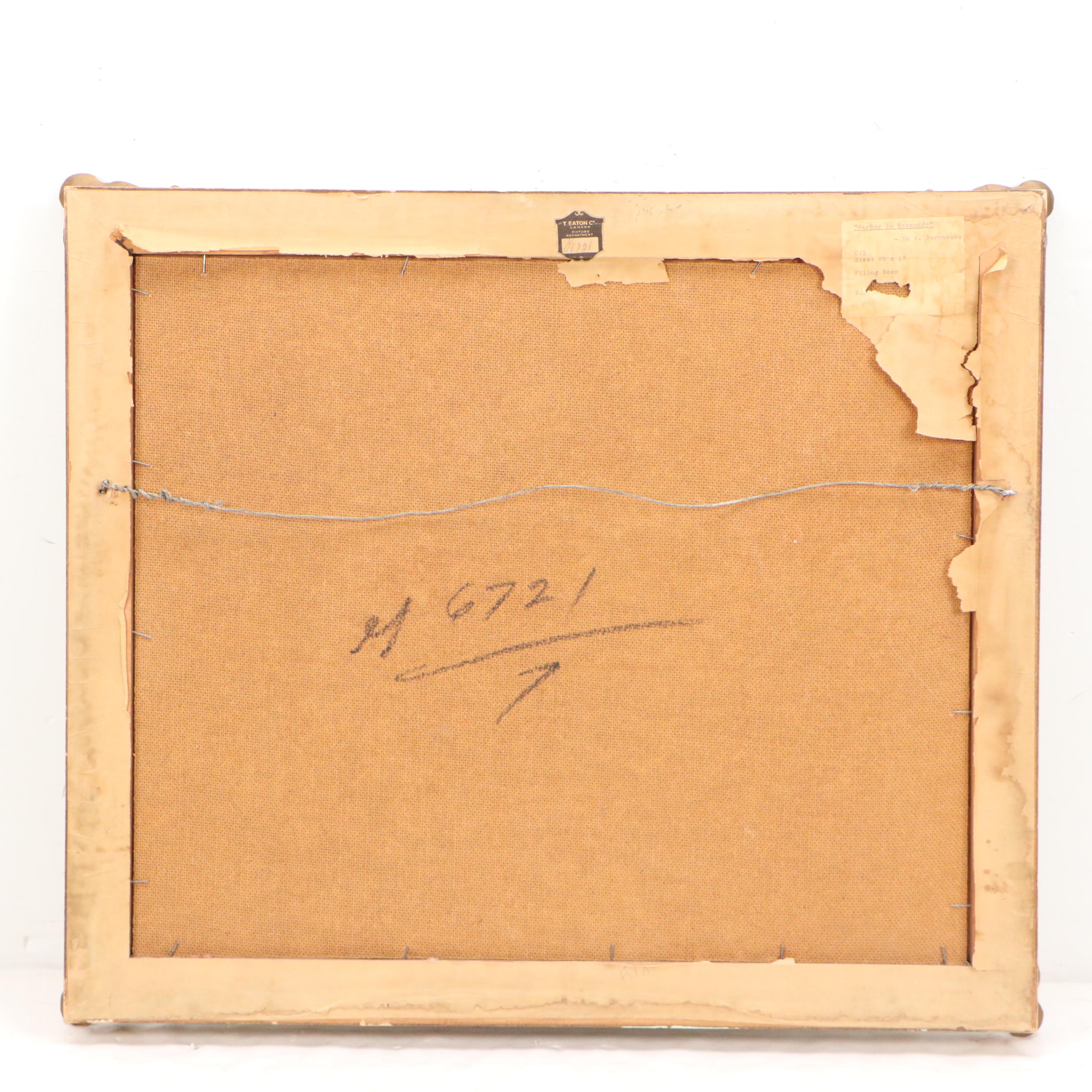 André Beronneau Maritime Oil Painting "Harbor in Normandy," 20th Century