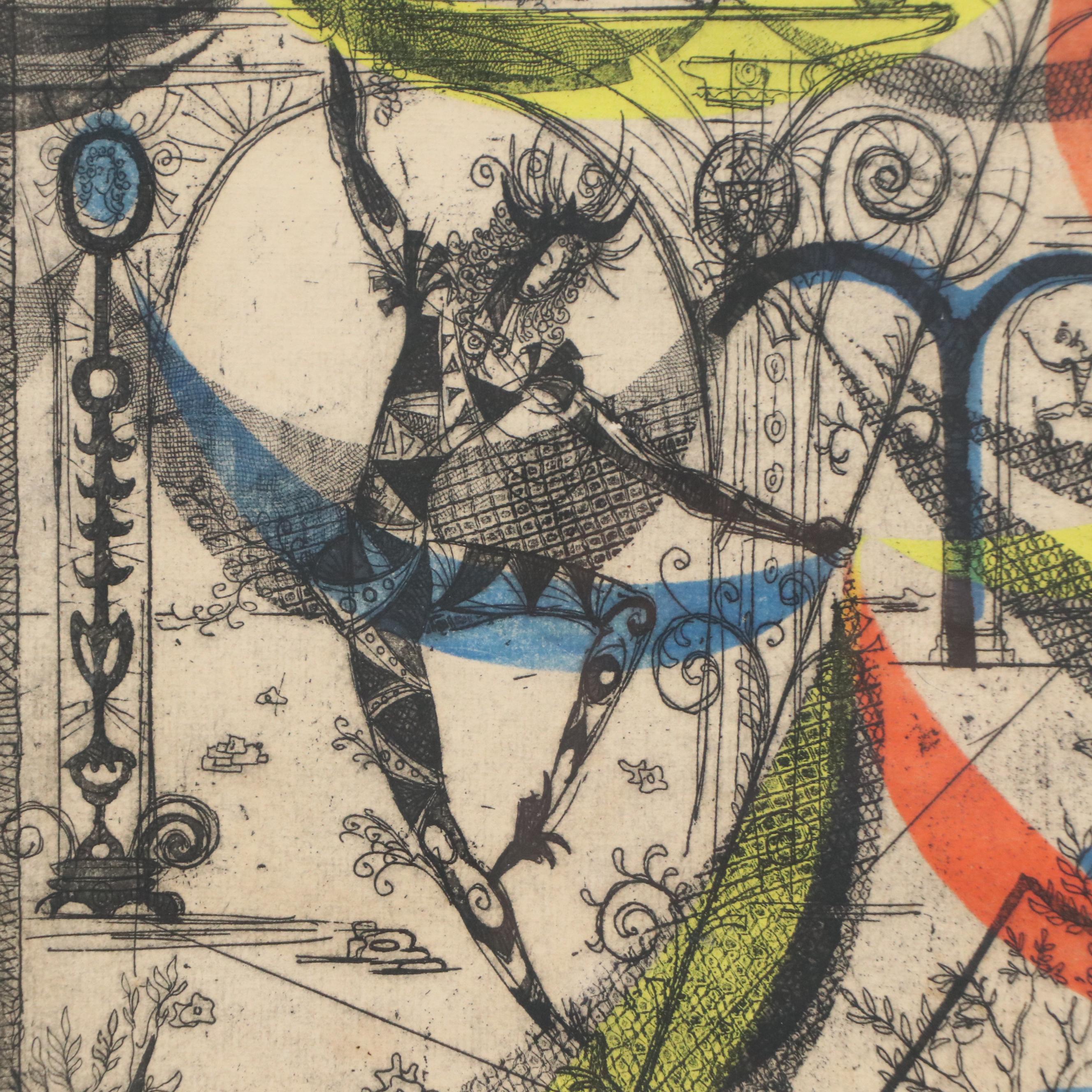 Gabor Peterdi Mixed Media Etching "Harlequins," Mid-20th Century