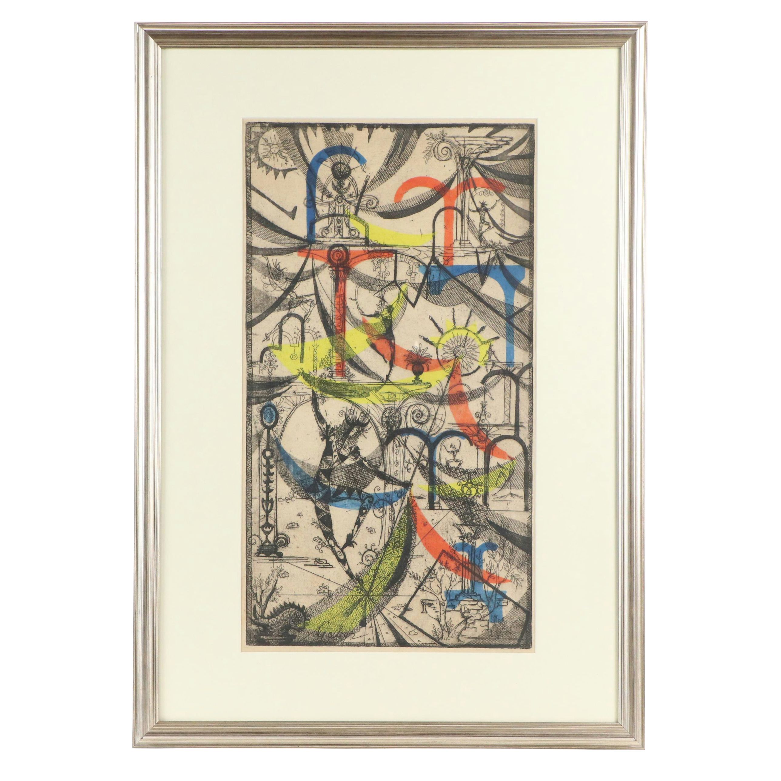 Gabor Peterdi Mixed Media Etching "Harlequins," Mid-20th Century