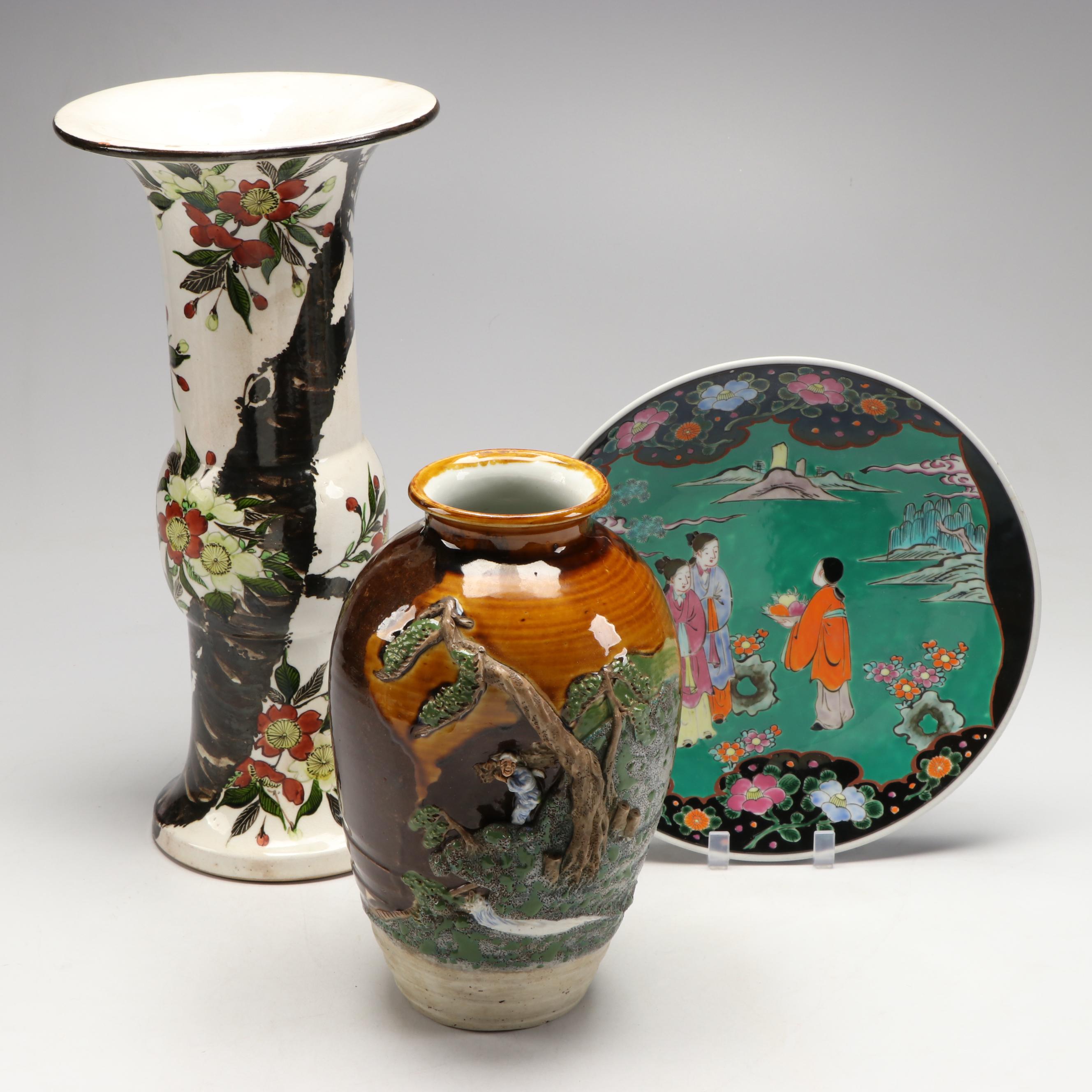 Japanese Charger with Floral Porcelain Gu and Sumida Gawa Vases