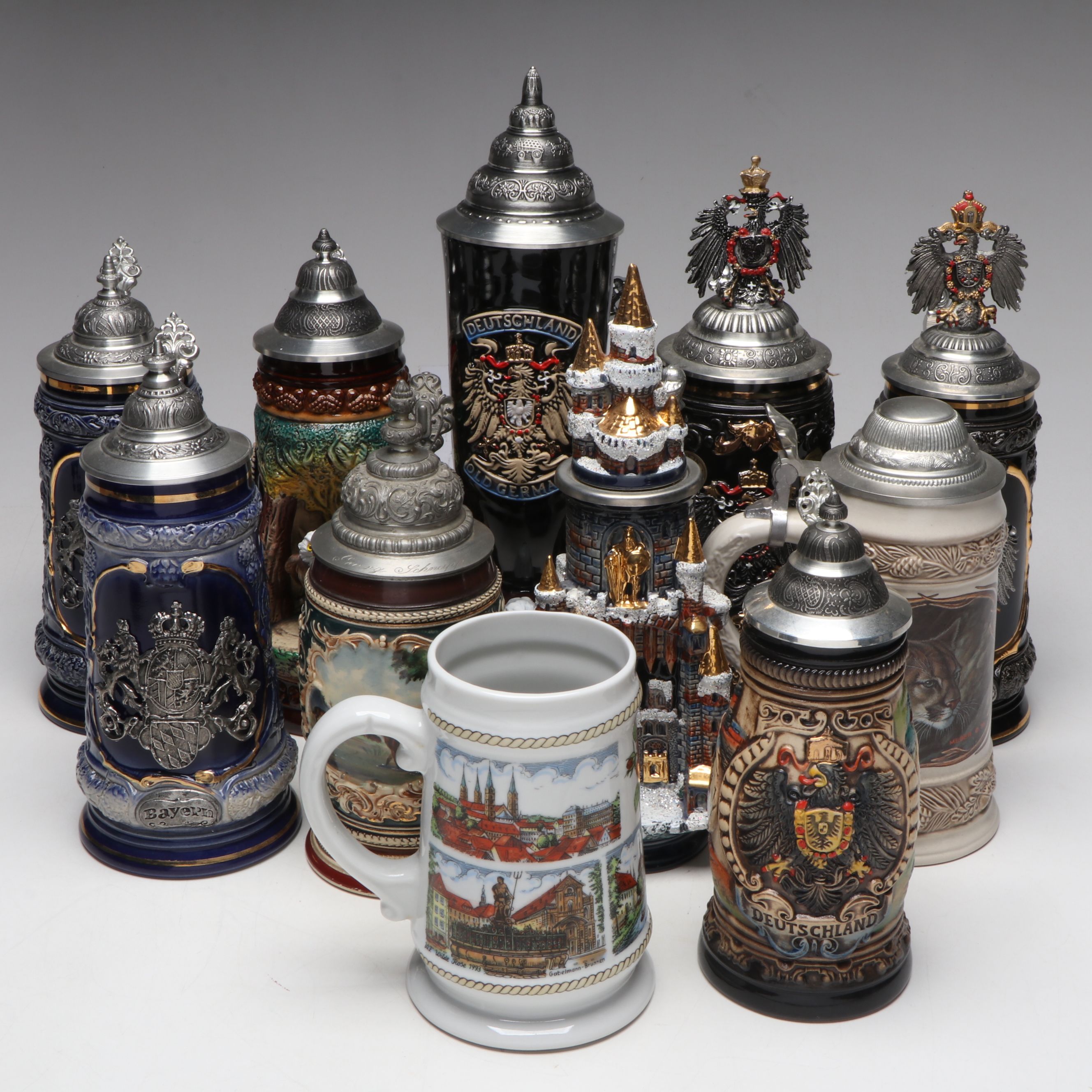 German Drinking Horn, With King, Thewalt, More Beer Steins in Collection