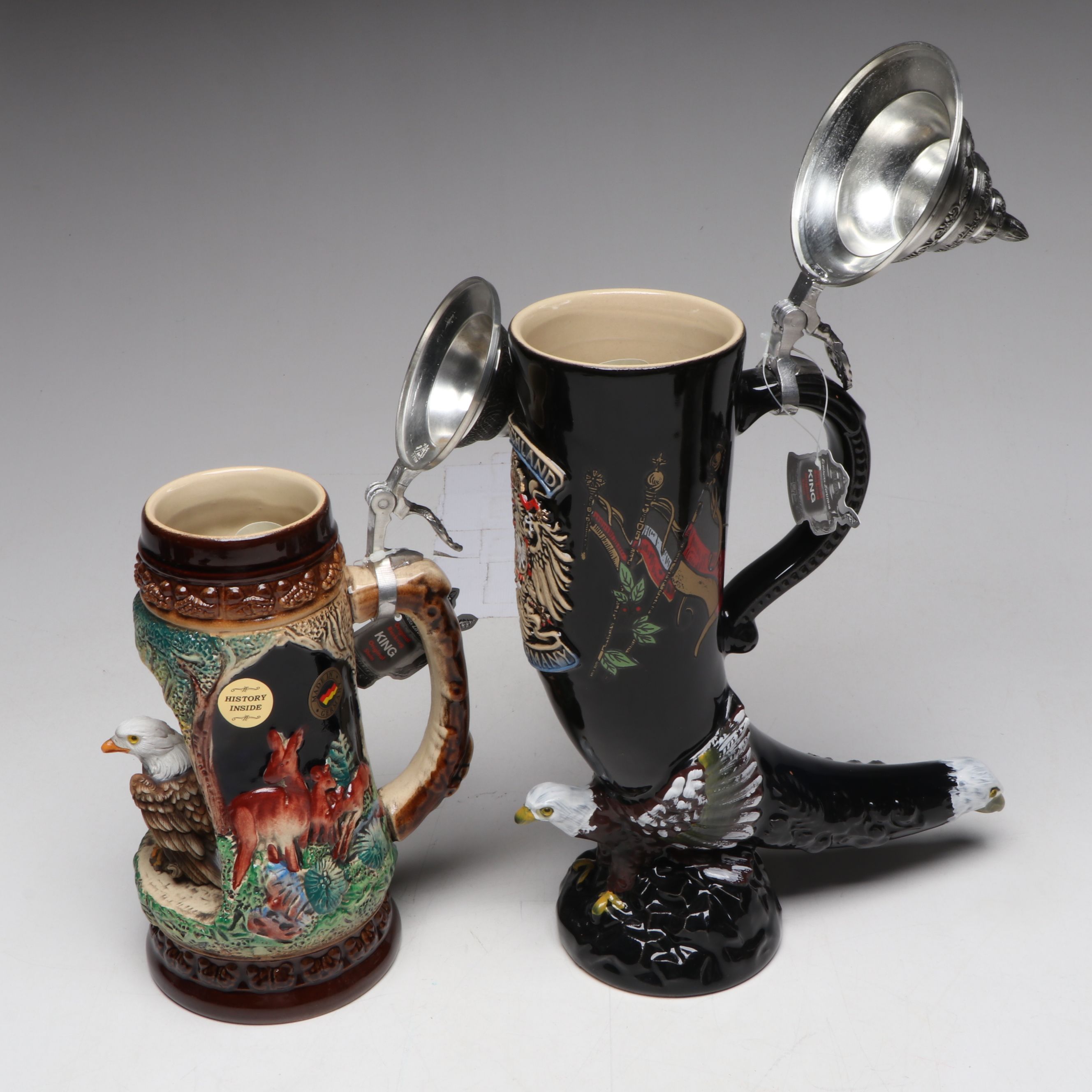 German Drinking Horn, With King, Thewalt, More Beer Steins in Collection