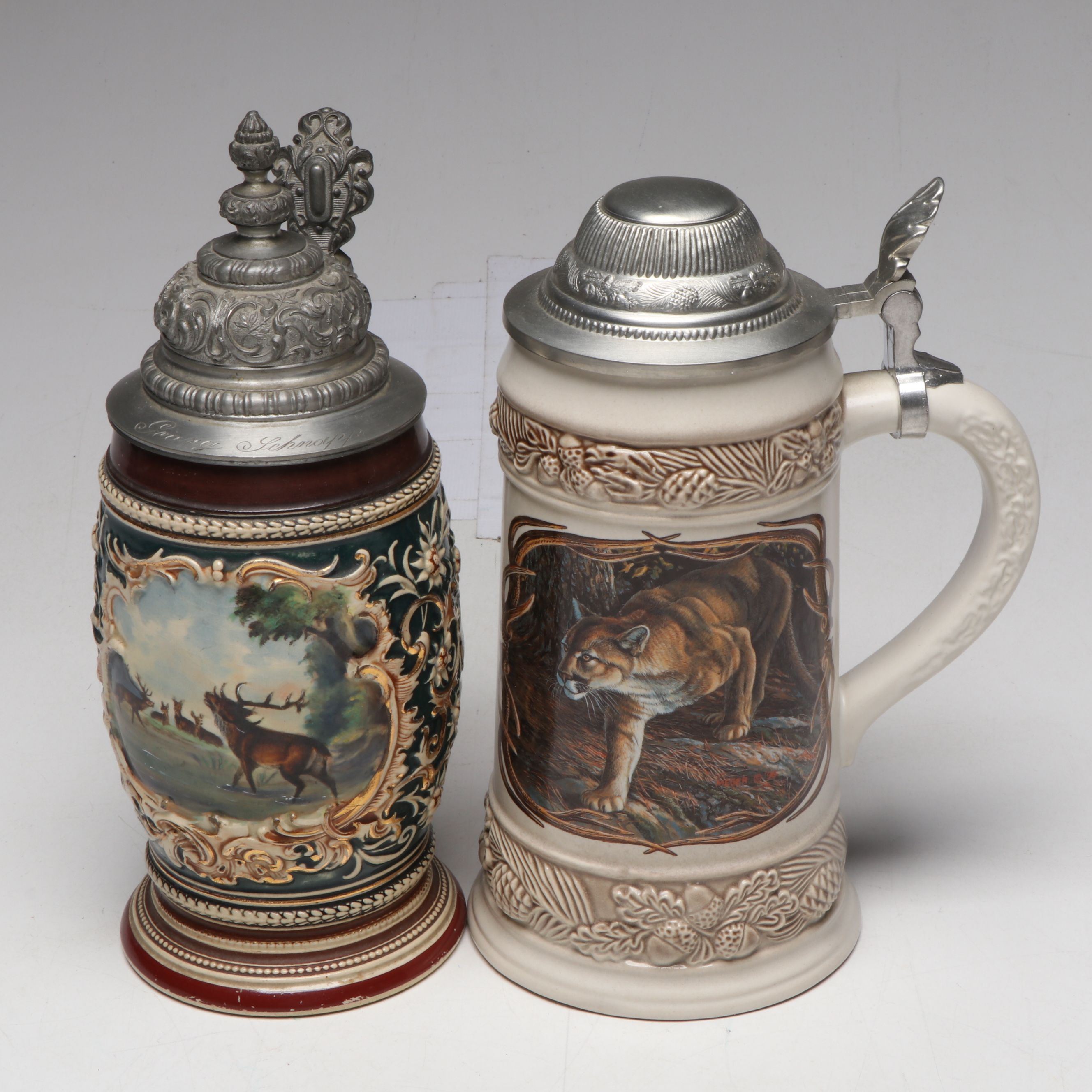 German Drinking Horn, With King, Thewalt, More Beer Steins in Collection