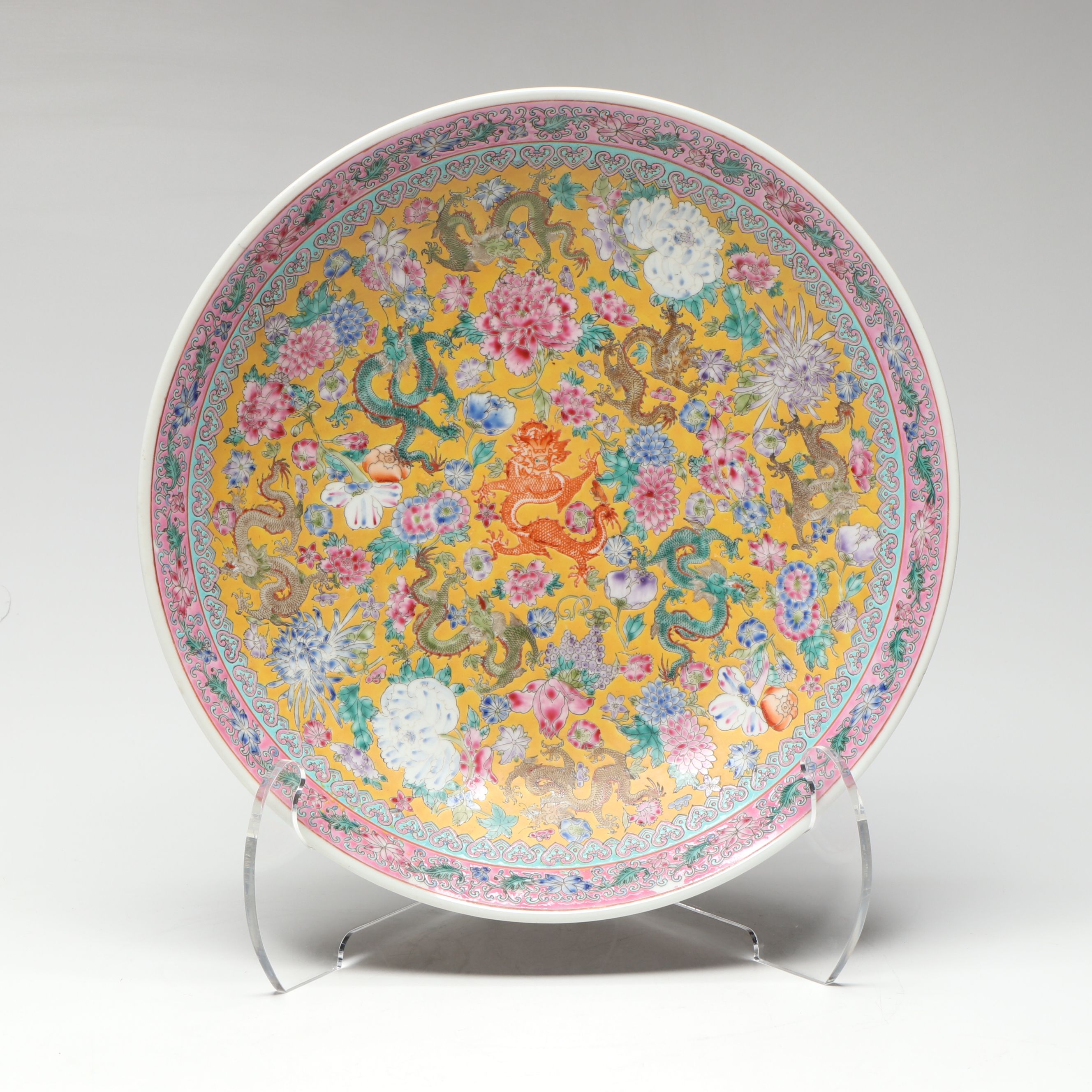 Chinese Famille Jaune Flying Dragons Porcelain Charger