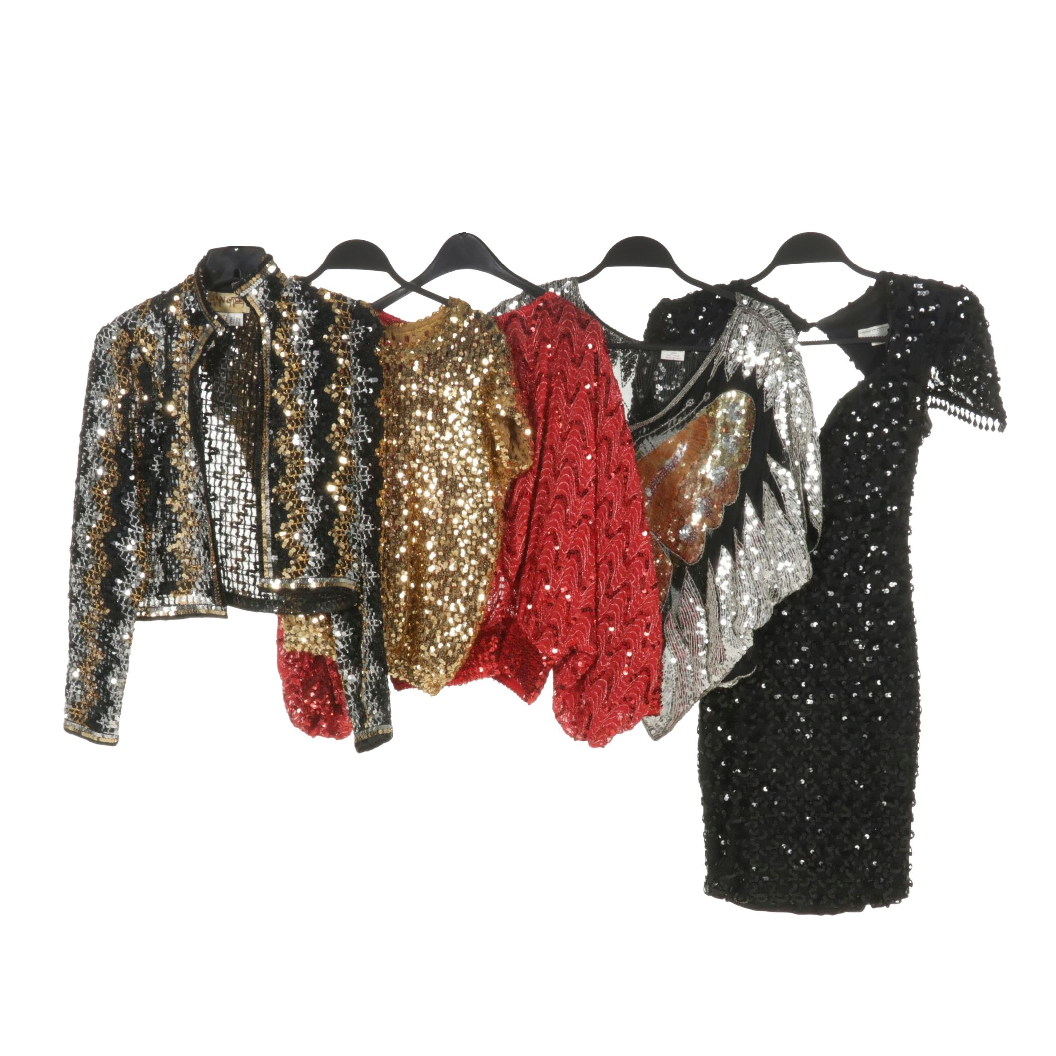 Lew Magram Sequin Dress with Ann Green, Toppettes & St. Martin Blouses, 1980s