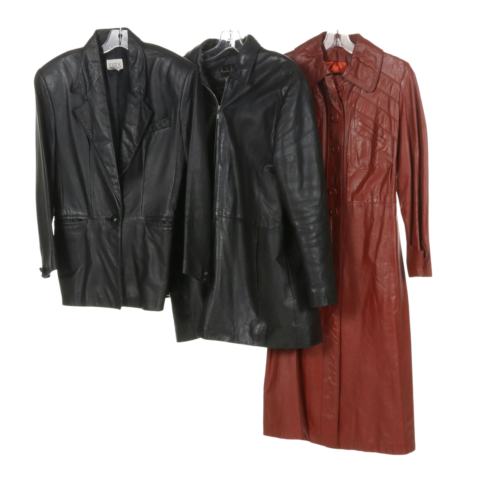 1970s P.B.D. Red Leather Trench Coat with Para and Nicole Miller Leather Jackets